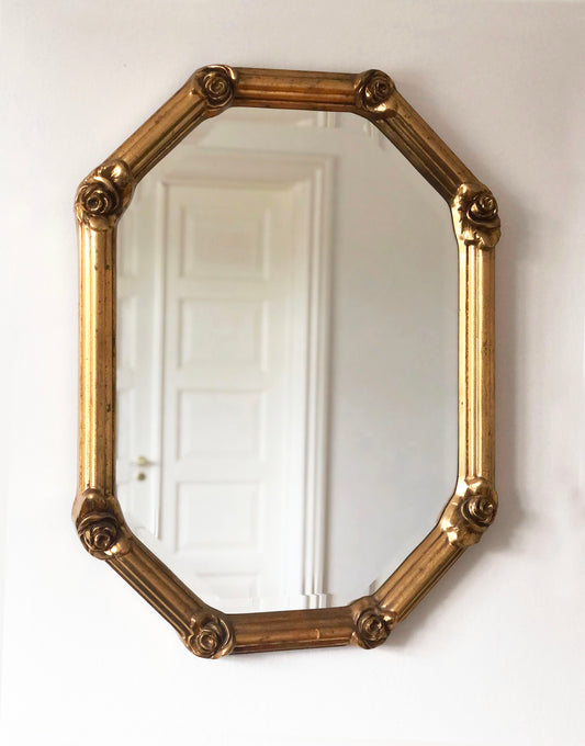Vintage Octagonal Gilt Bevelled Mirror with Rose Accents