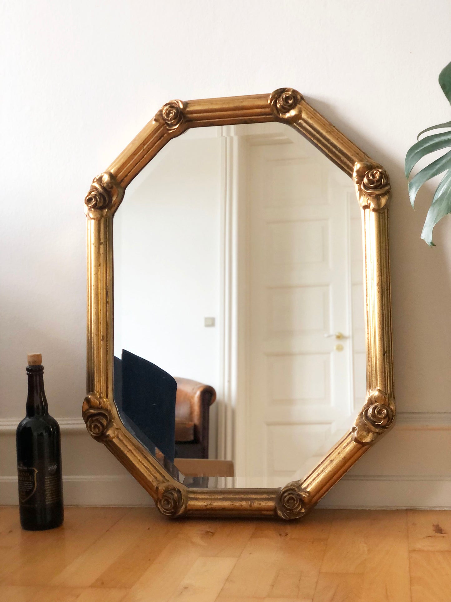 Vintage Octagonal Gilt Bevelled Mirror with Rose Accents