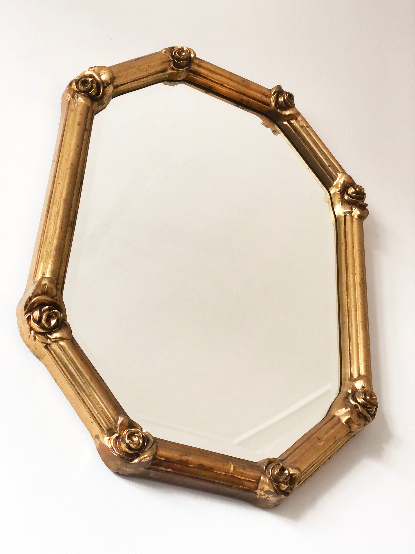 Vintage Octagonal Gilt Bevelled Mirror with Rose Accents