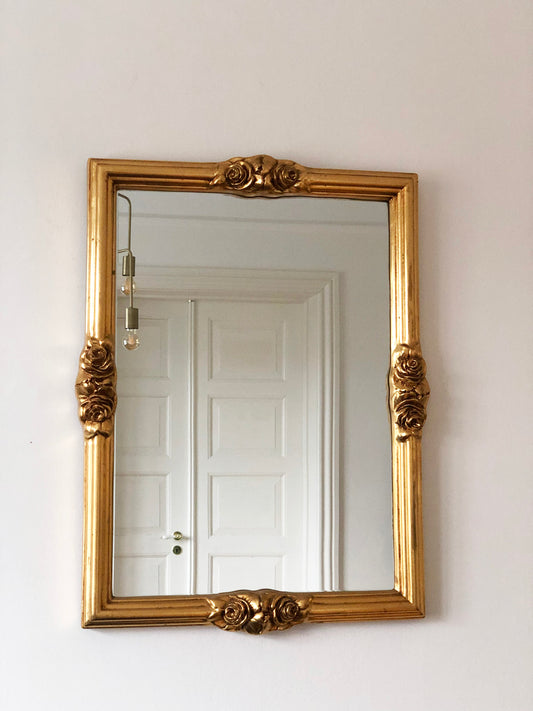 Vintage Rectangular Giltwood Bevelled Mirror with Rose Accents