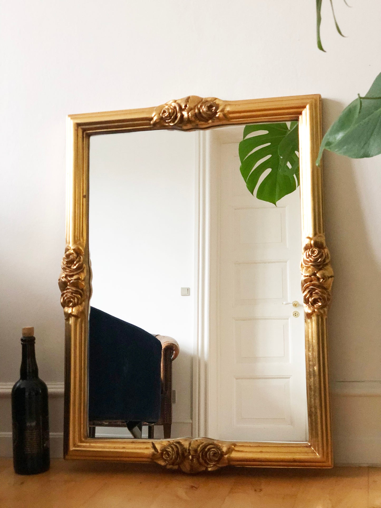 Vintage Rectangular Giltwood Bevelled Mirror with Rose Accents