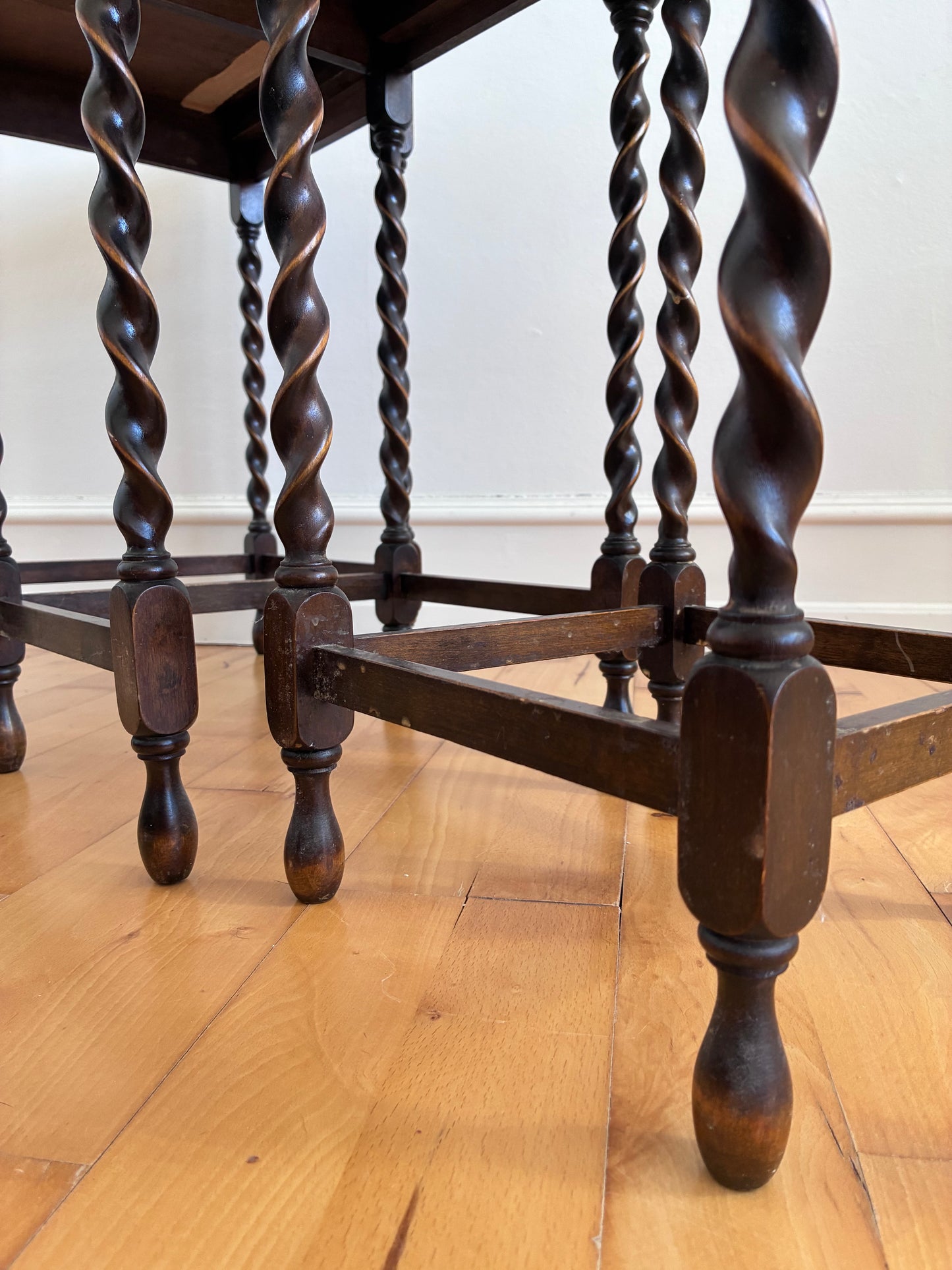 Vintage Set of 3 Barley Twist Walnut Nesting Side Tables, English 1940s