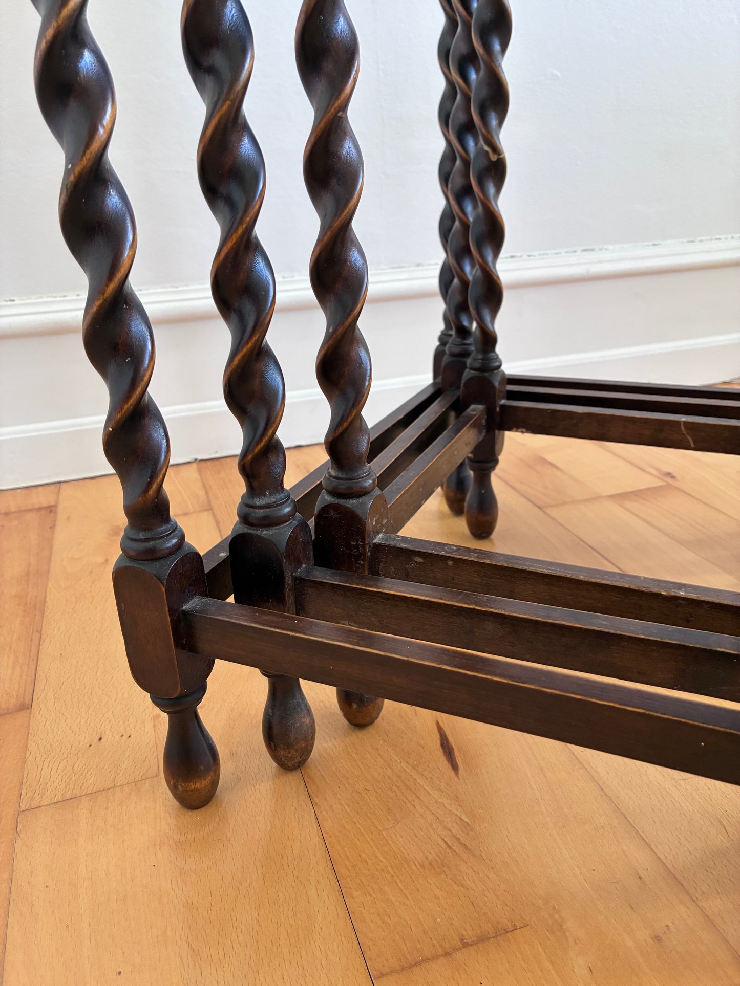 Vintage Set of 3 Barley Twist Walnut Nesting Side Tables, English 1940s