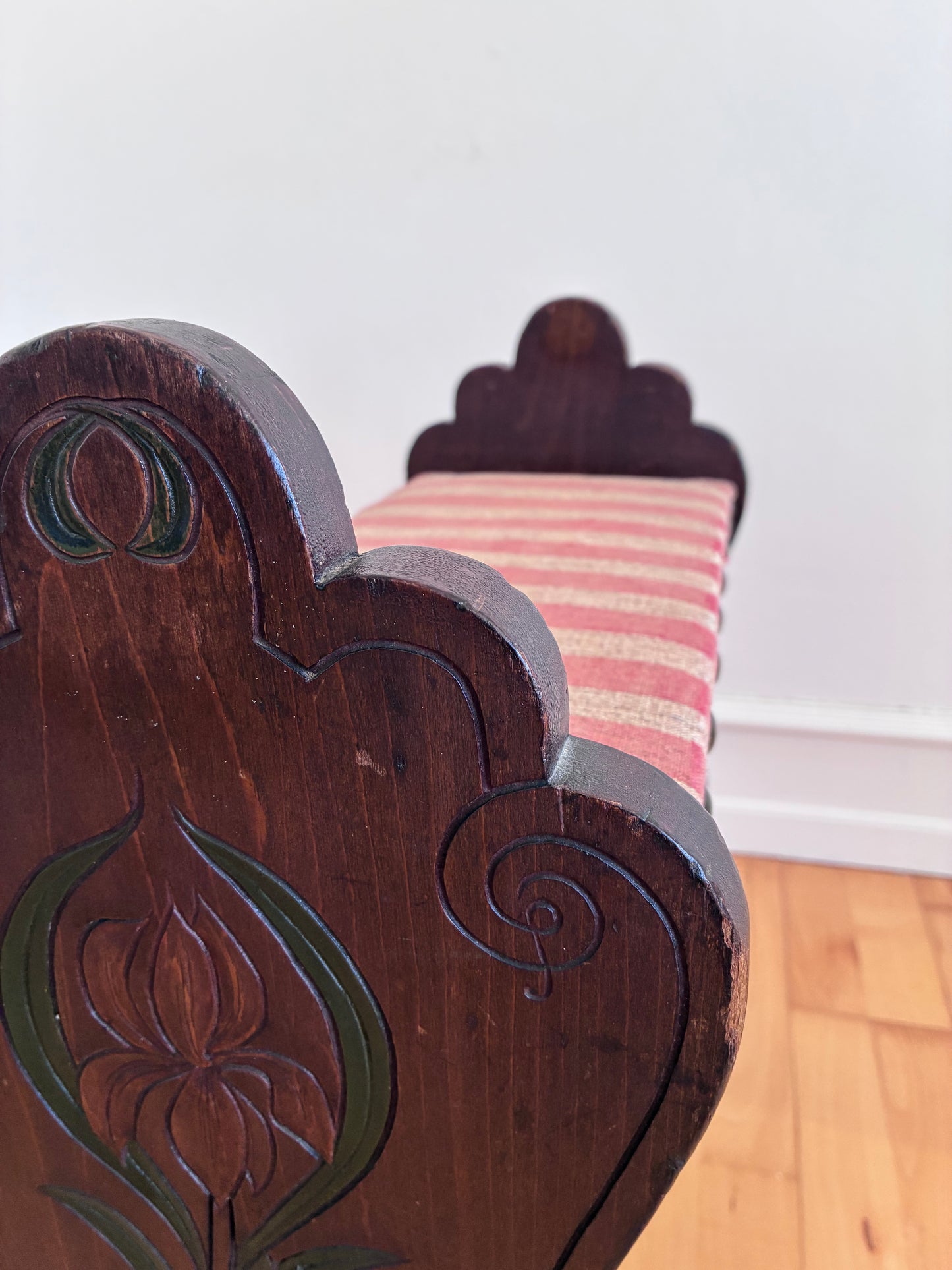 Vintage Spanish Mid-Century Entryway Bench with Striped Upholstery