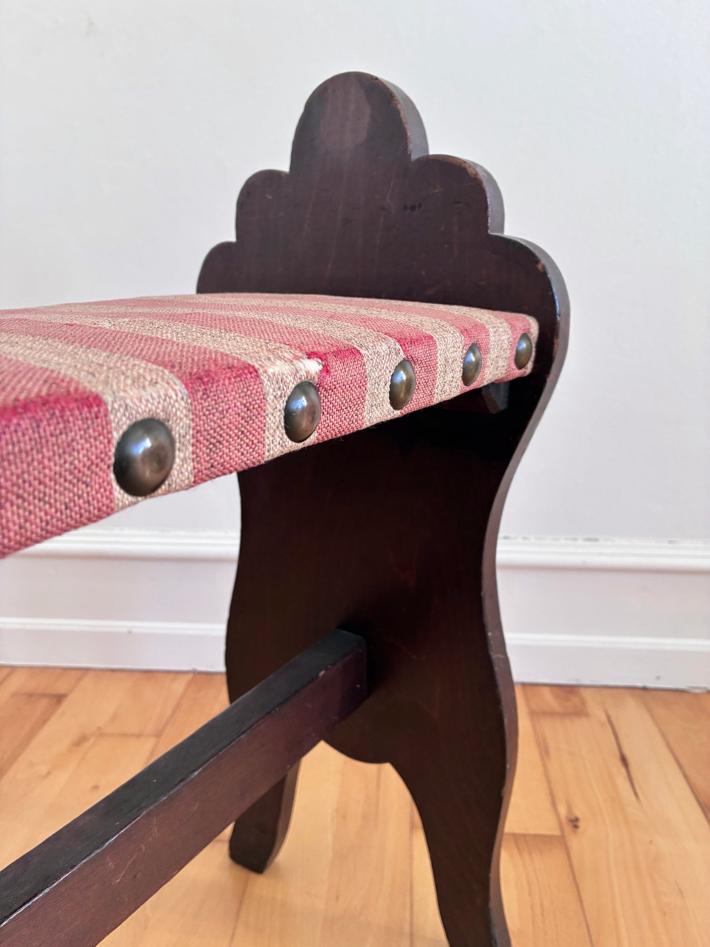 Vintage Spanish Mid-Century Entryway Bench with Striped Upholstery