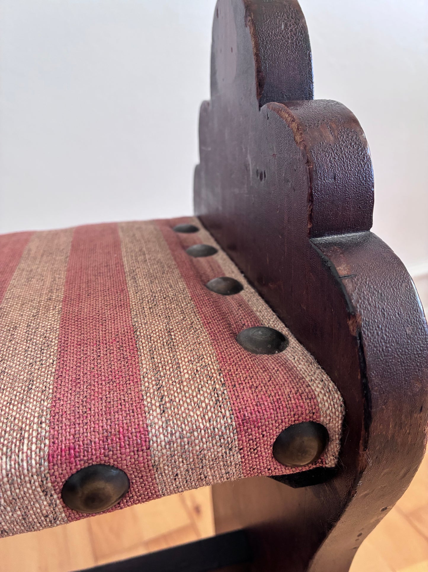 Vintage Spanish Mid-Century Entryway Bench with Striped Upholstery