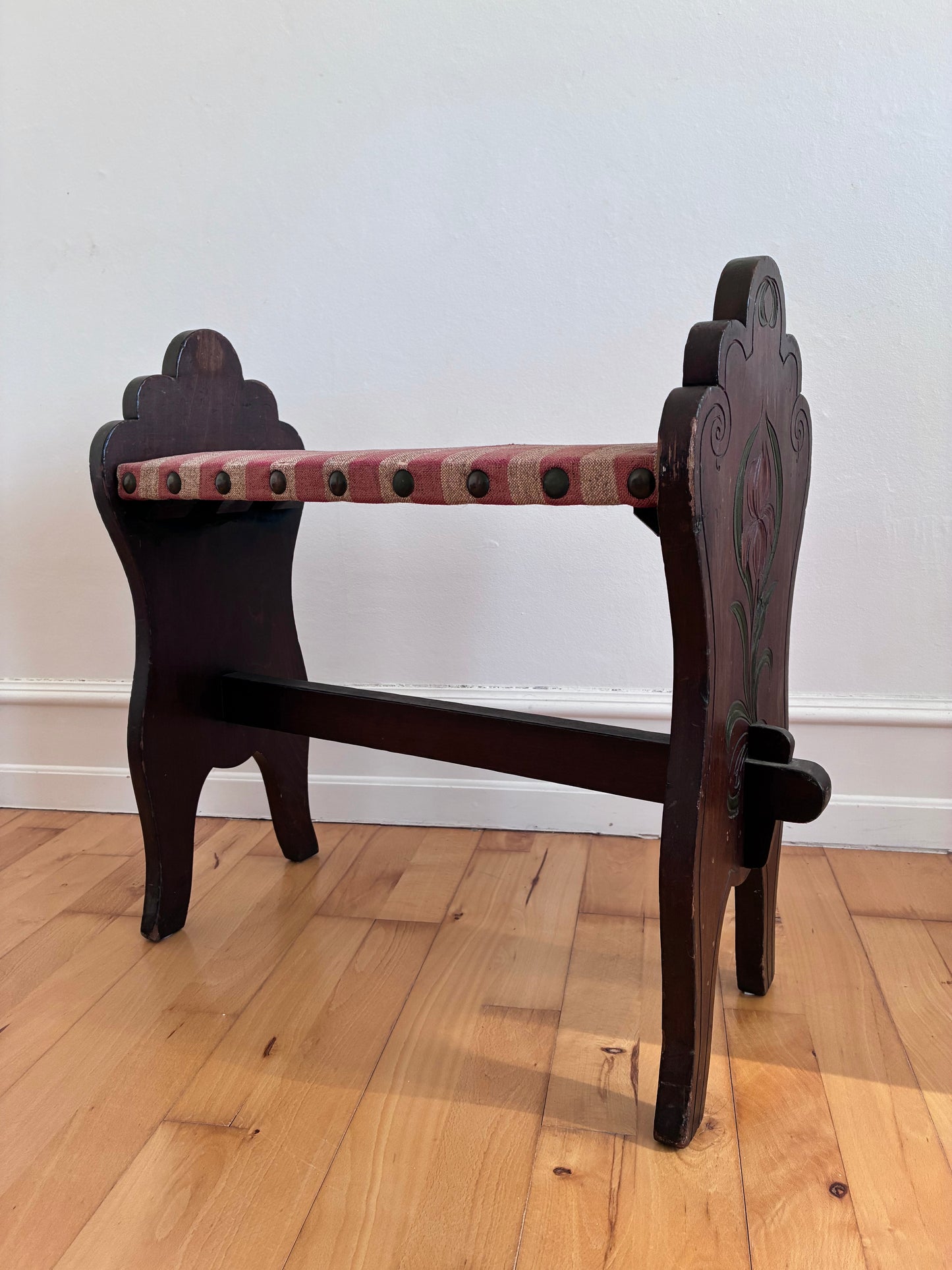 Vintage Spanish Mid-Century Entryway Bench with Striped Upholstery