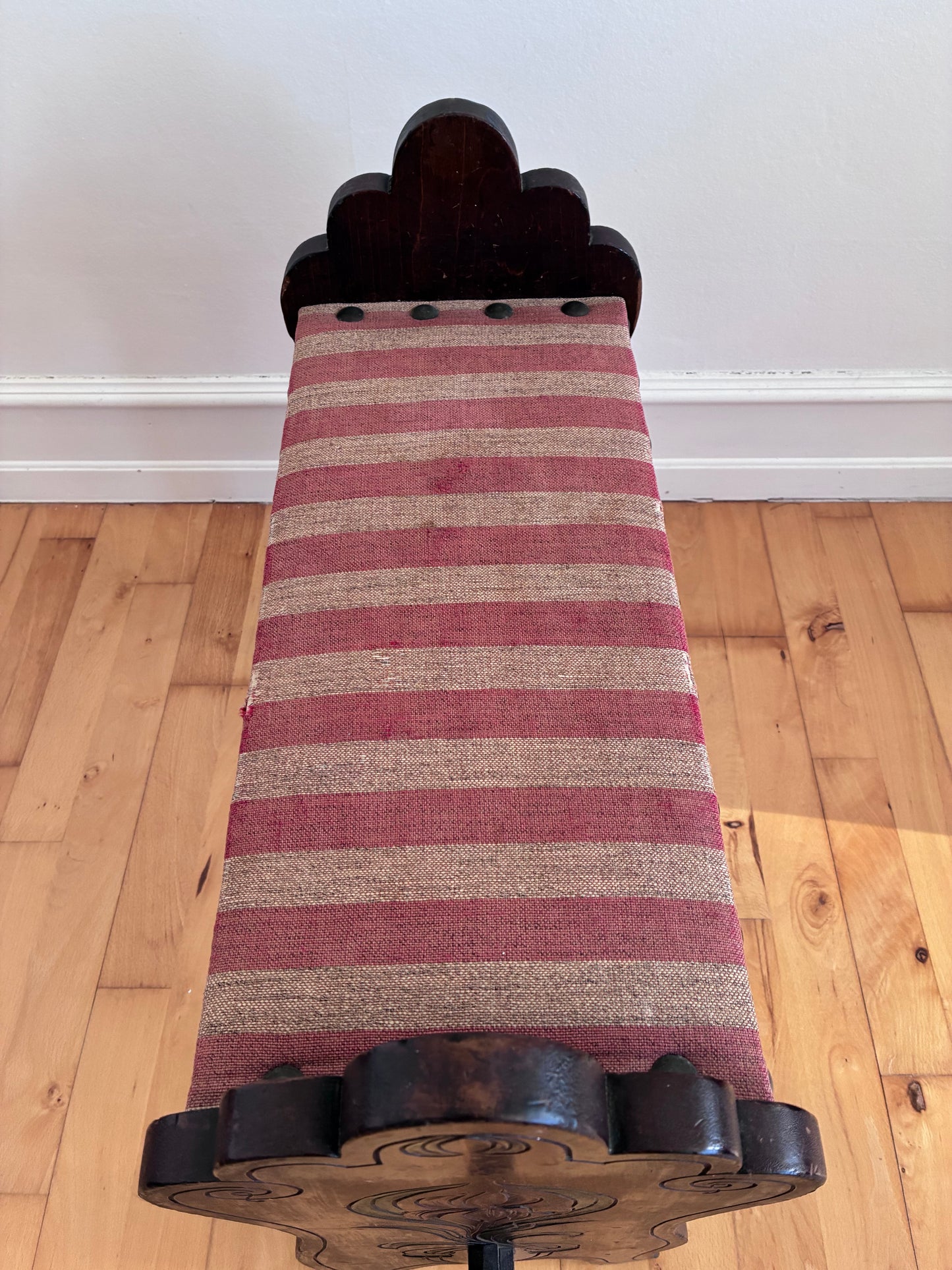 Vintage Spanish Mid-Century Entryway Bench with Striped Upholstery