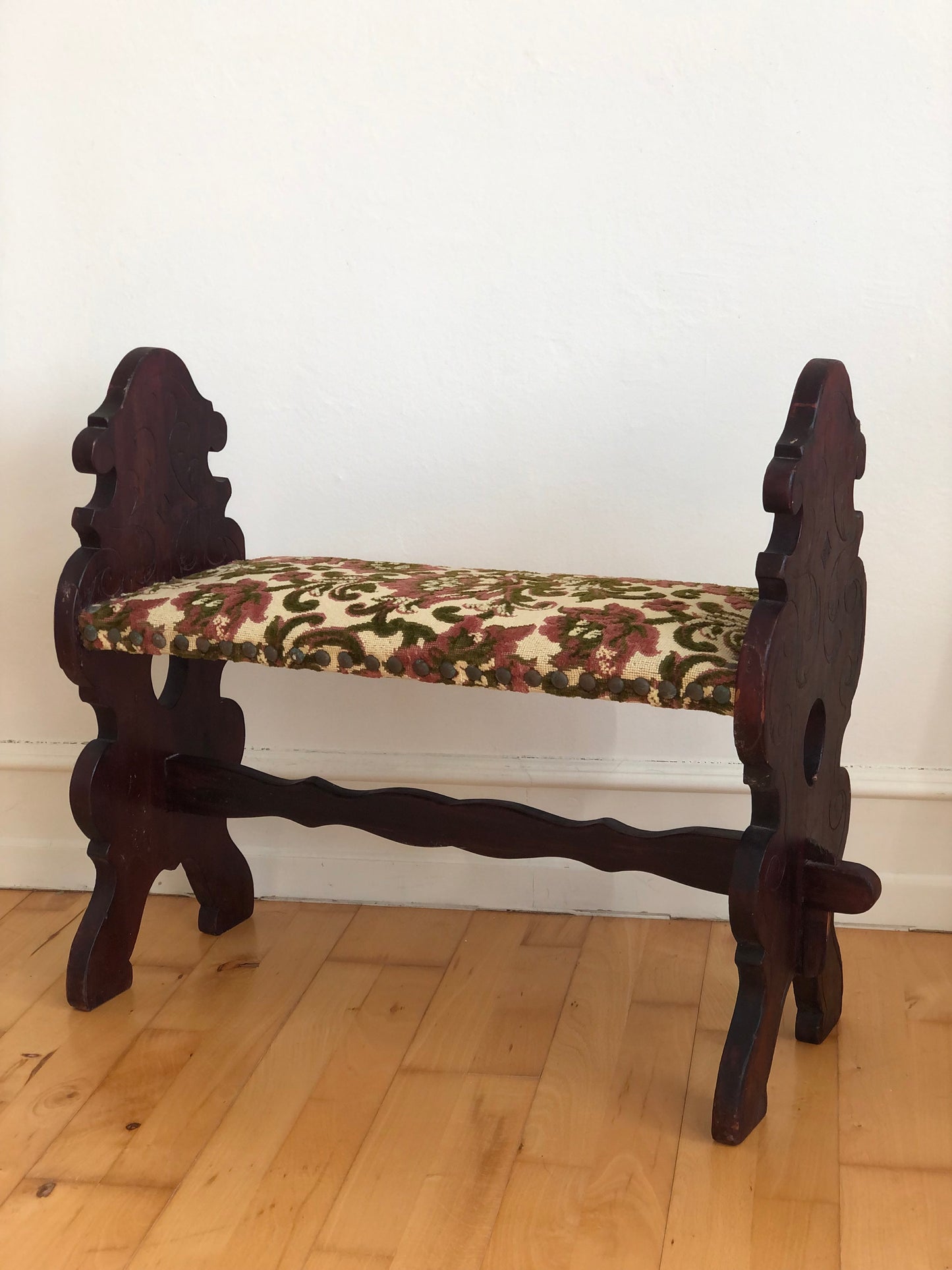 Vintage Spanish Mid-Century Entryway Bench with Floral Upholstery