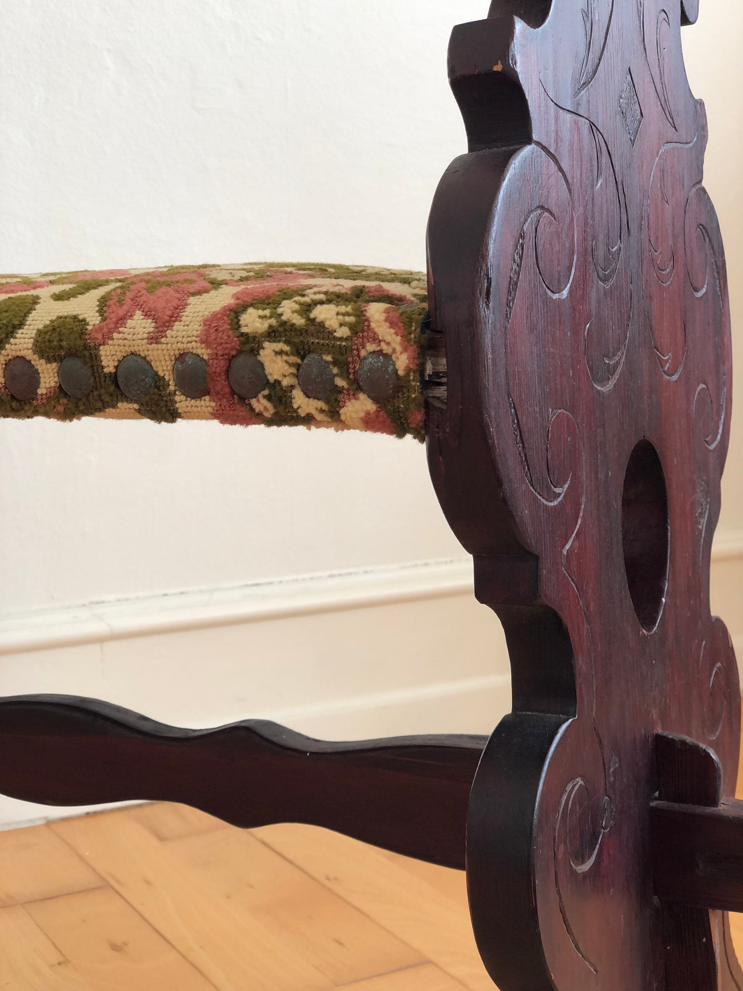Vintage Spanish Mid-Century Entryway Bench with Floral Upholstery
