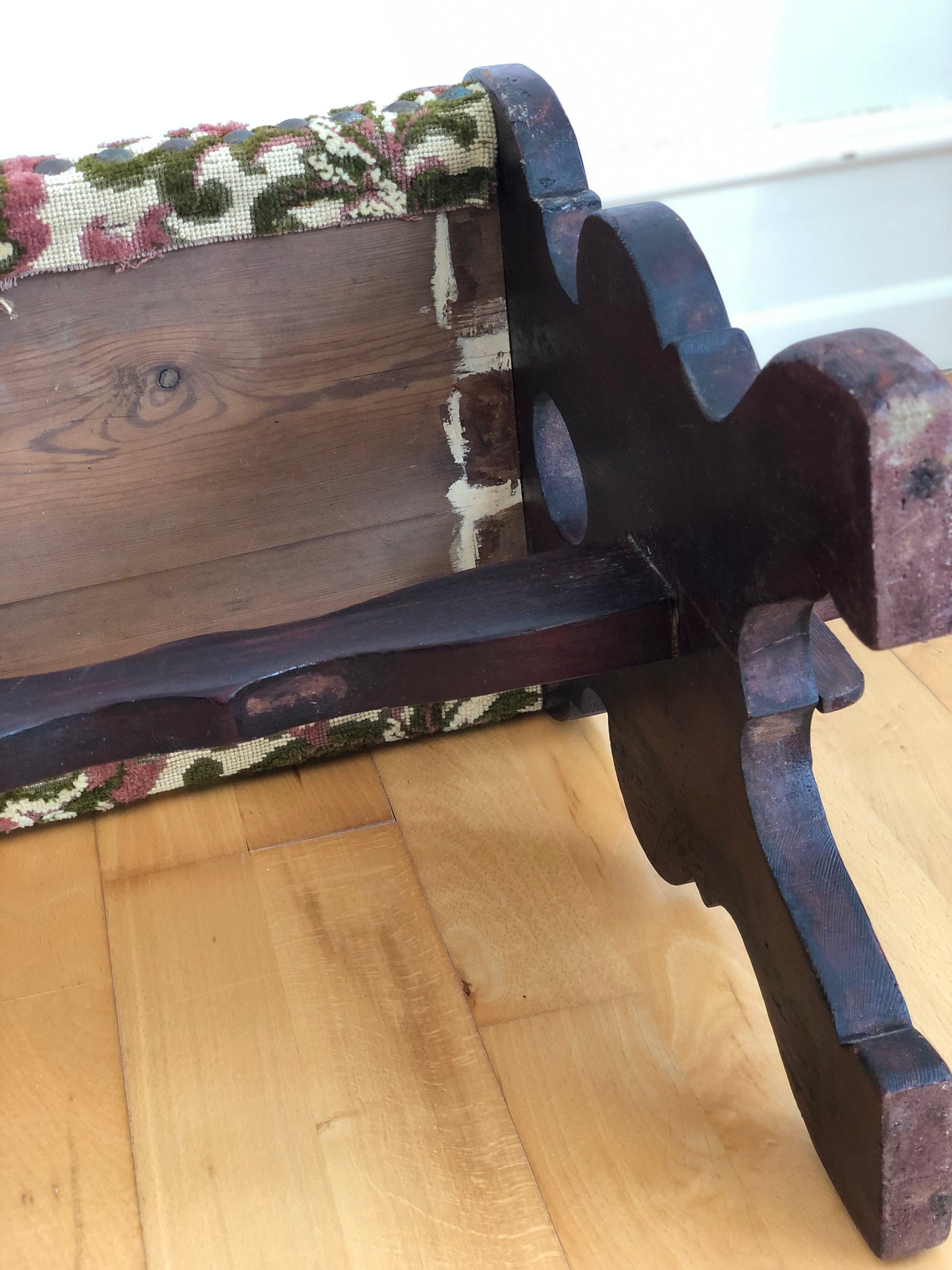 Vintage Spanish Mid-Century Entryway Bench with Floral Upholstery