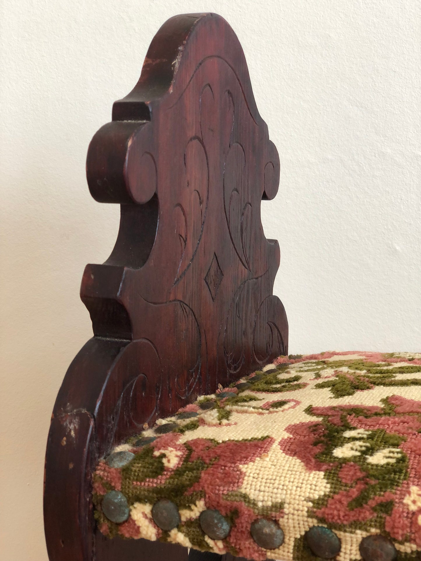 Vintage Spanish Mid-Century Entryway Bench with Floral Upholstery