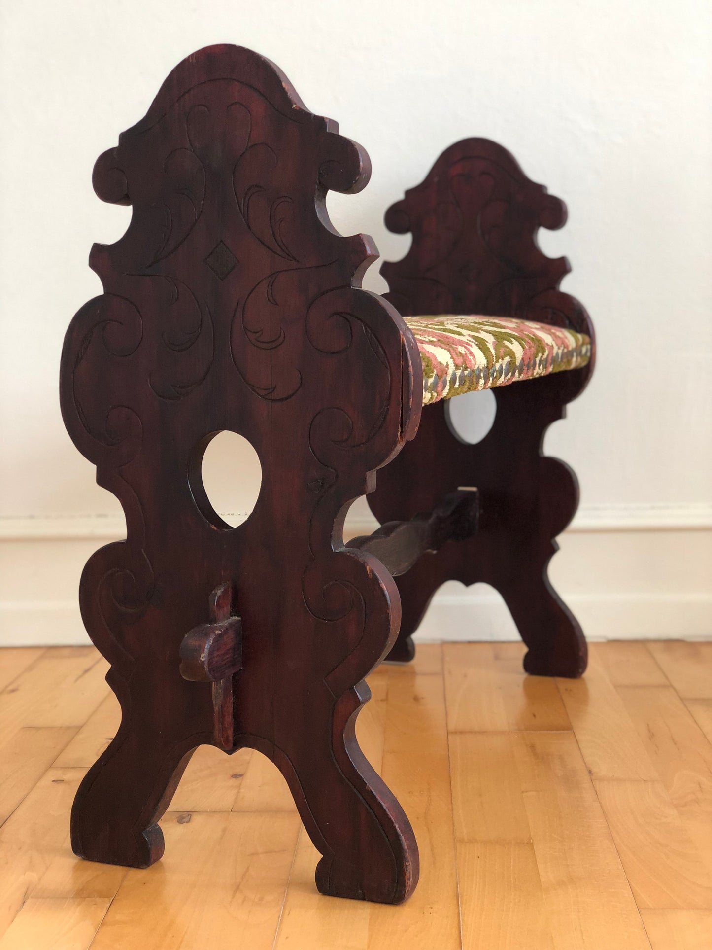 Vintage Spanish Mid-Century Entryway Bench with Floral Upholstery