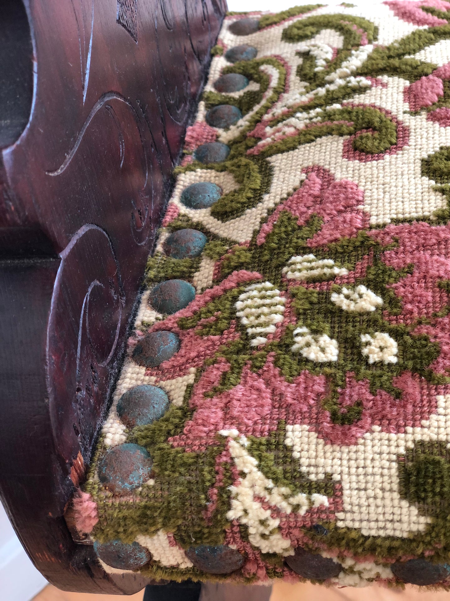 Vintage Spanish Mid-Century Entryway Bench with Floral Upholstery