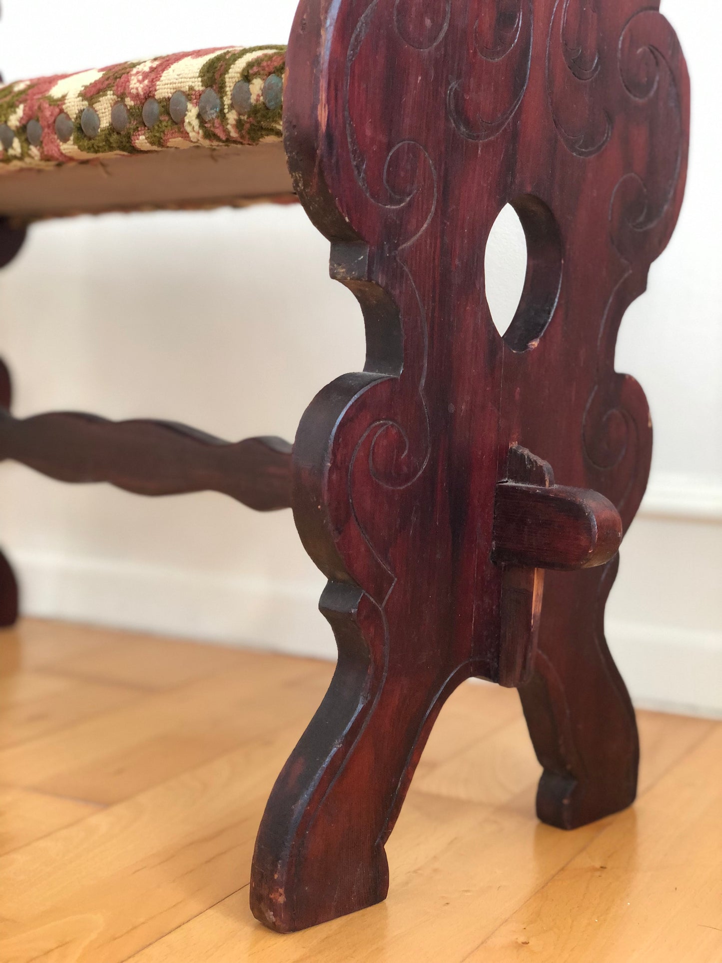 Vintage Spanish Mid-Century Entryway Bench with Floral Upholstery