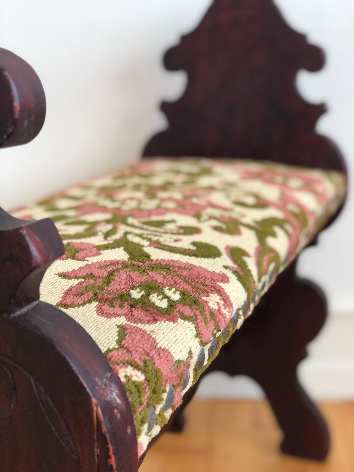 Vintage Spanish Mid-Century Entryway Bench with Floral Upholstery