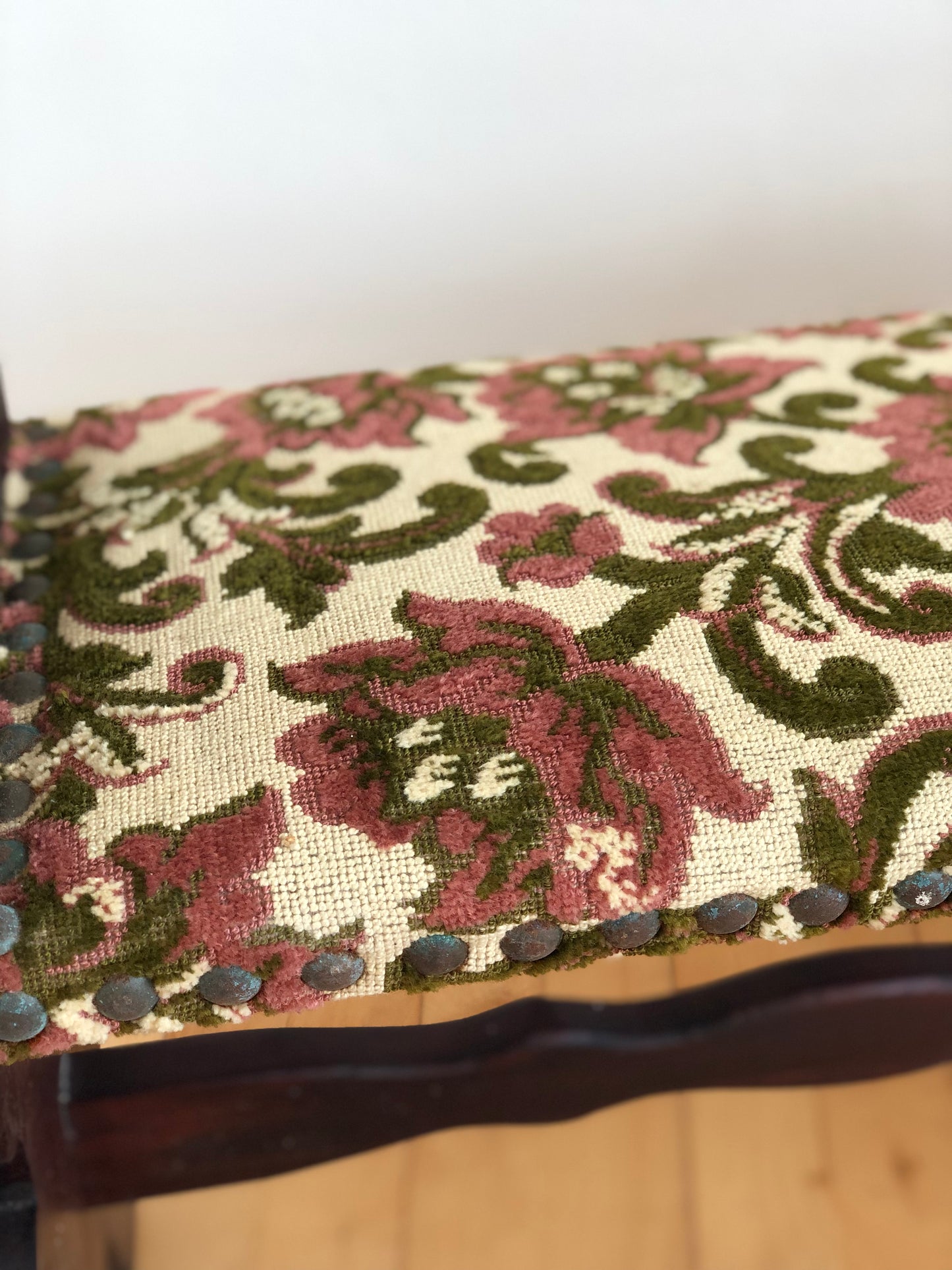 Vintage Spanish Mid-Century Entryway Bench with Floral Upholstery