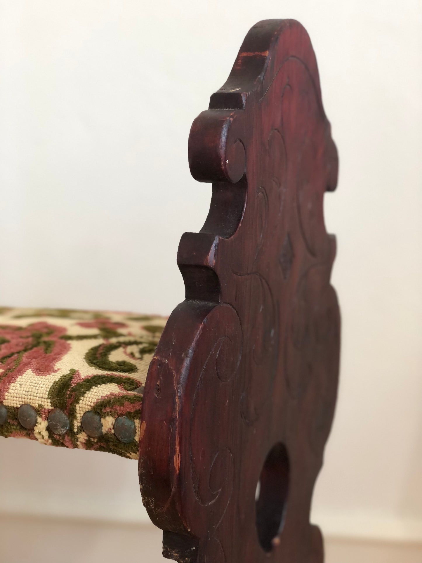 Vintage Spanish Mid-Century Entryway Bench with Floral Upholstery