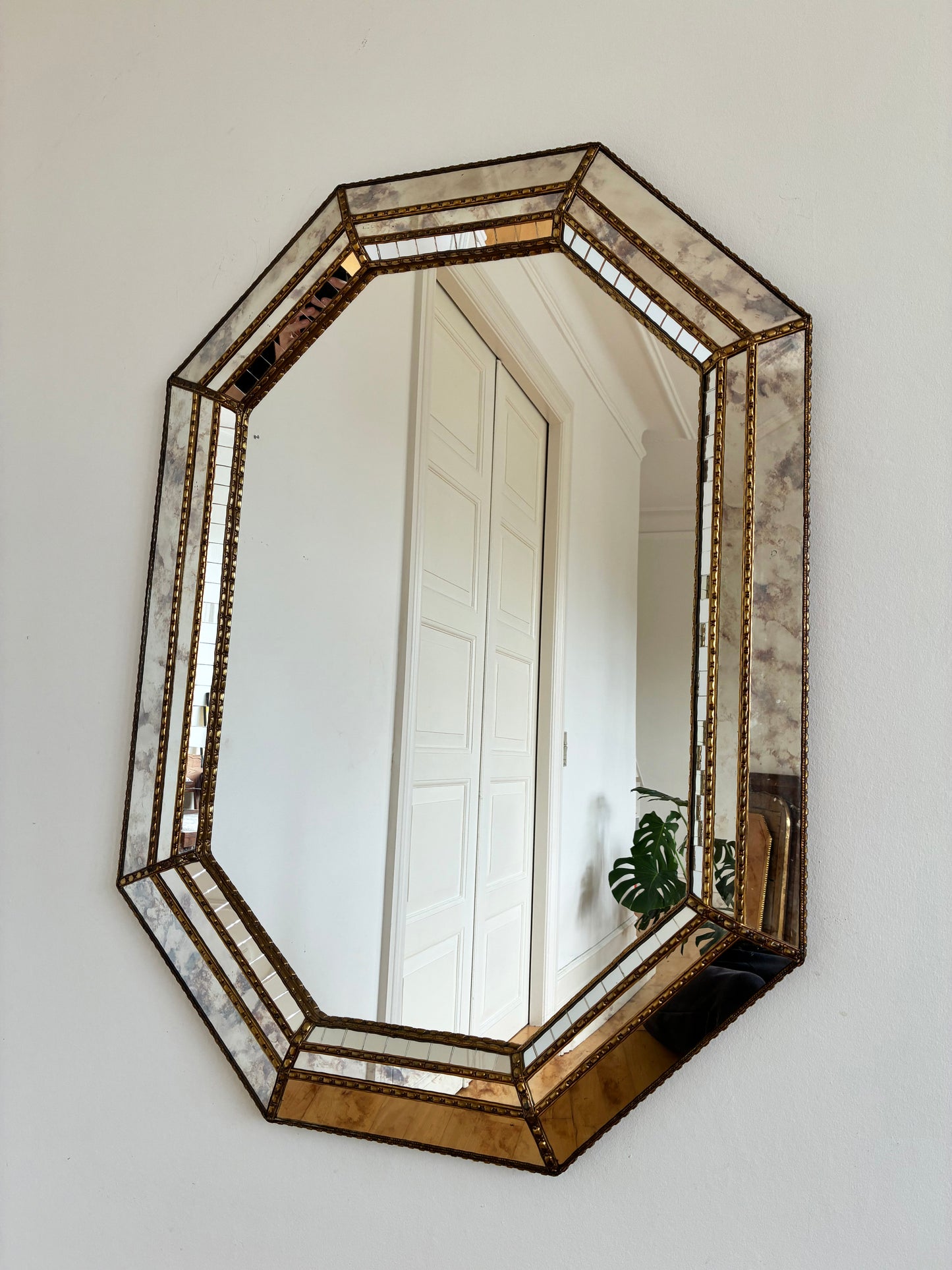 Vintage Spanish Venetian-Style Wall Mirror, Octagonal Brass, 1980s Hollywood Regency