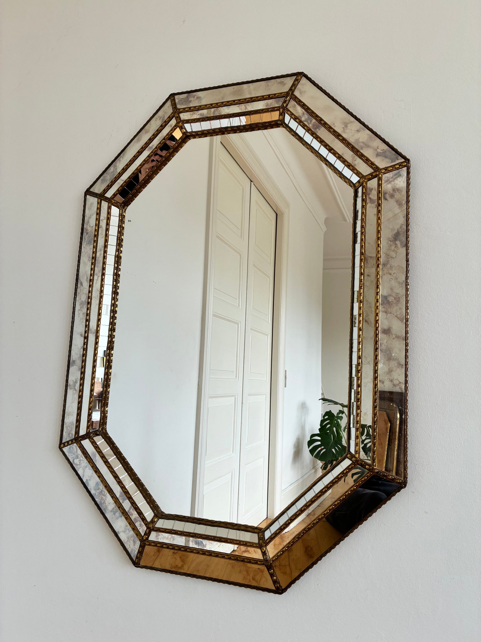 Vintage Spanish Venetian-Style Wall Mirror, Octagonal Brass, 1980s Hollywood Regency