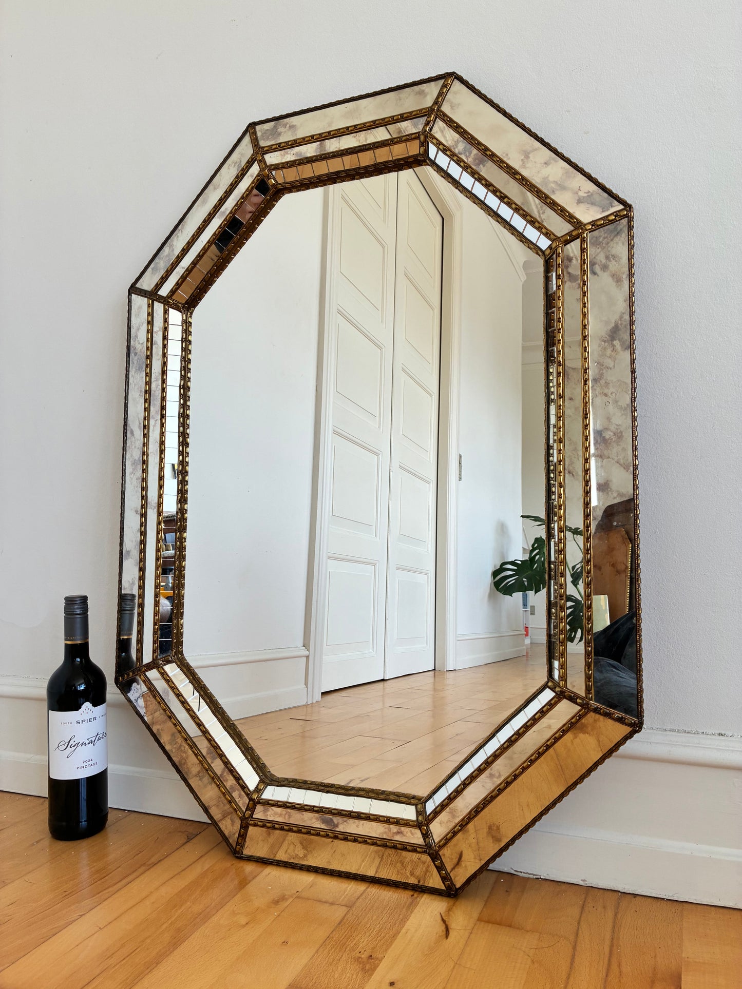 Vintage Spanish Venetian-Style Wall Mirror, Octagonal Brass, 1980s Hollywood Regency