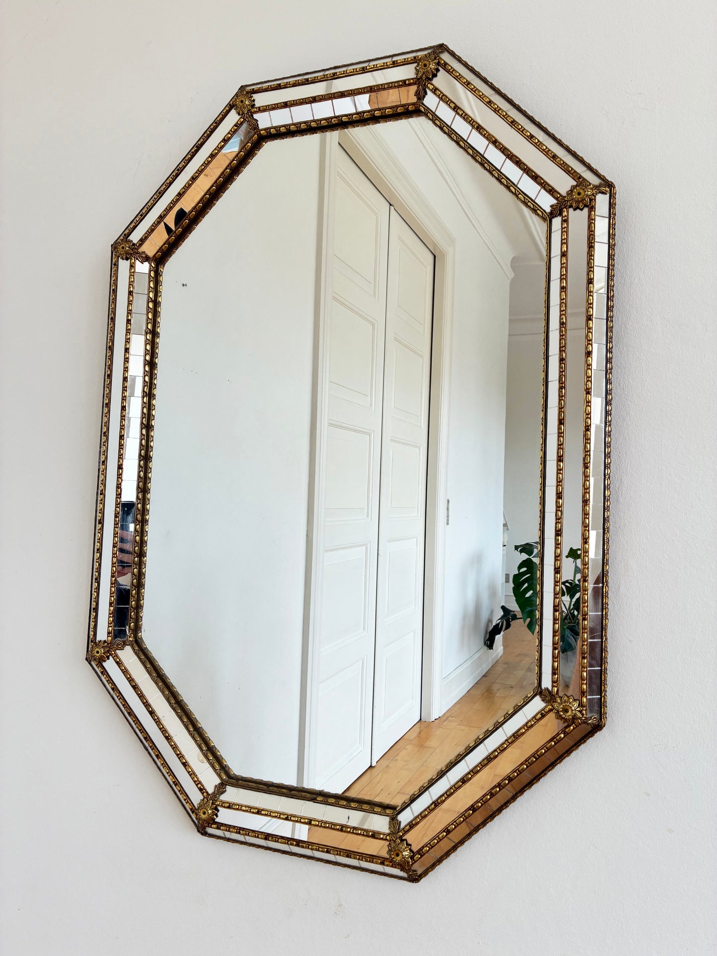 Vintage Spanish Venetian-Style Wall Mirror, Octagonal Brass, 1980s Hollywood Regency