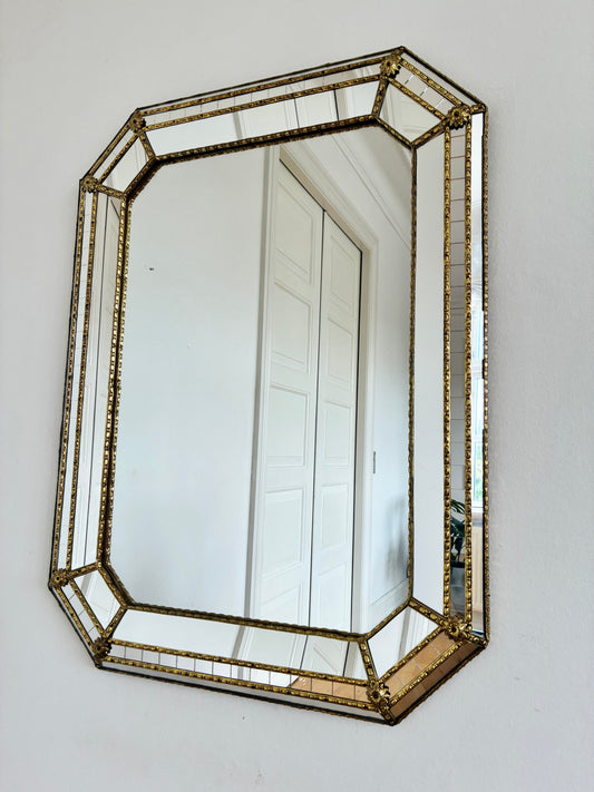 Vintage Spanish Venetian-Style Wall Mirror, Octagonal Brass, 1980s Hollywood Regency