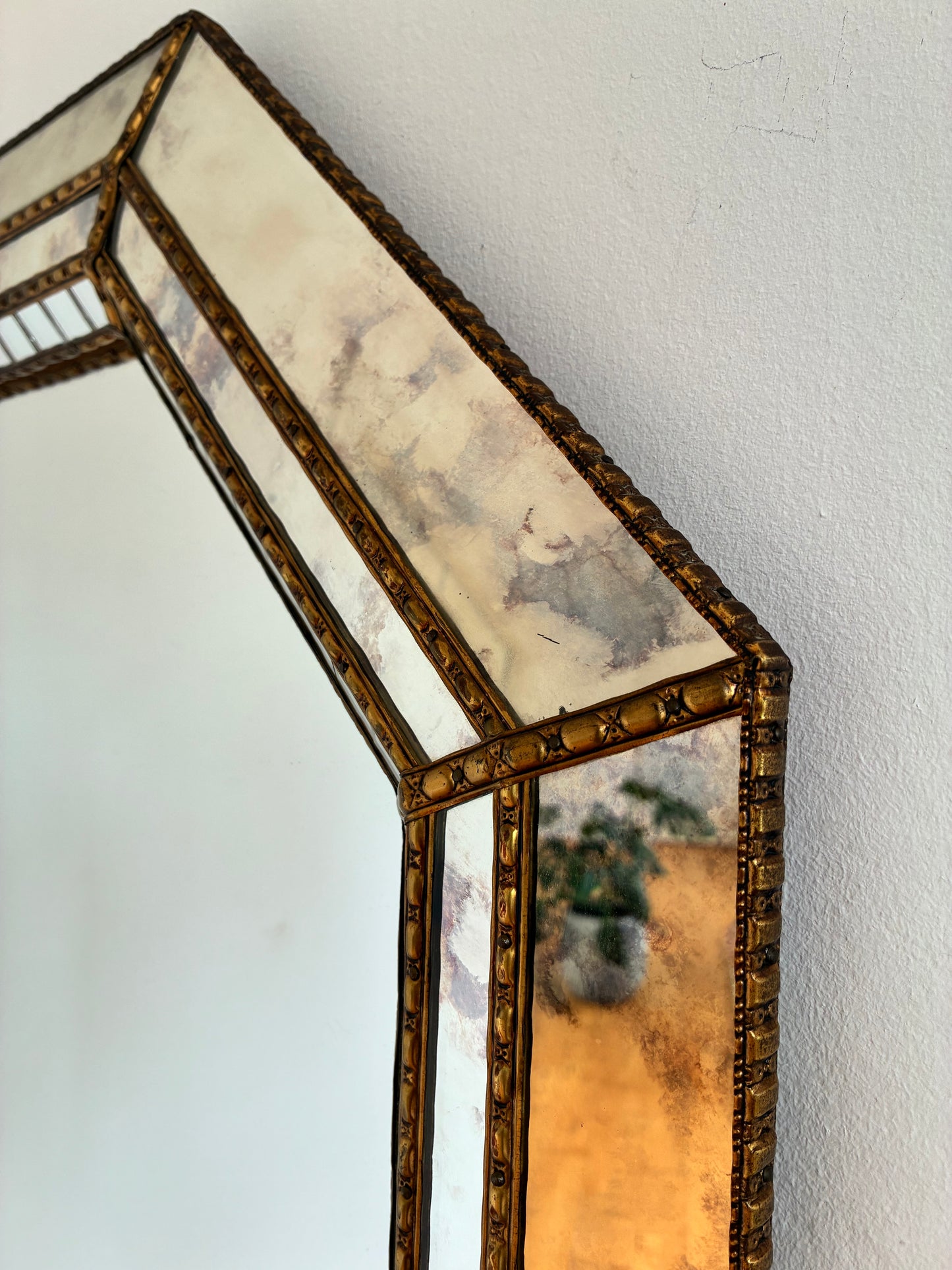 Vintage Spanish Venetian-Style Wall Mirror, Octagonal Brass, 1980s Hollywood Regency