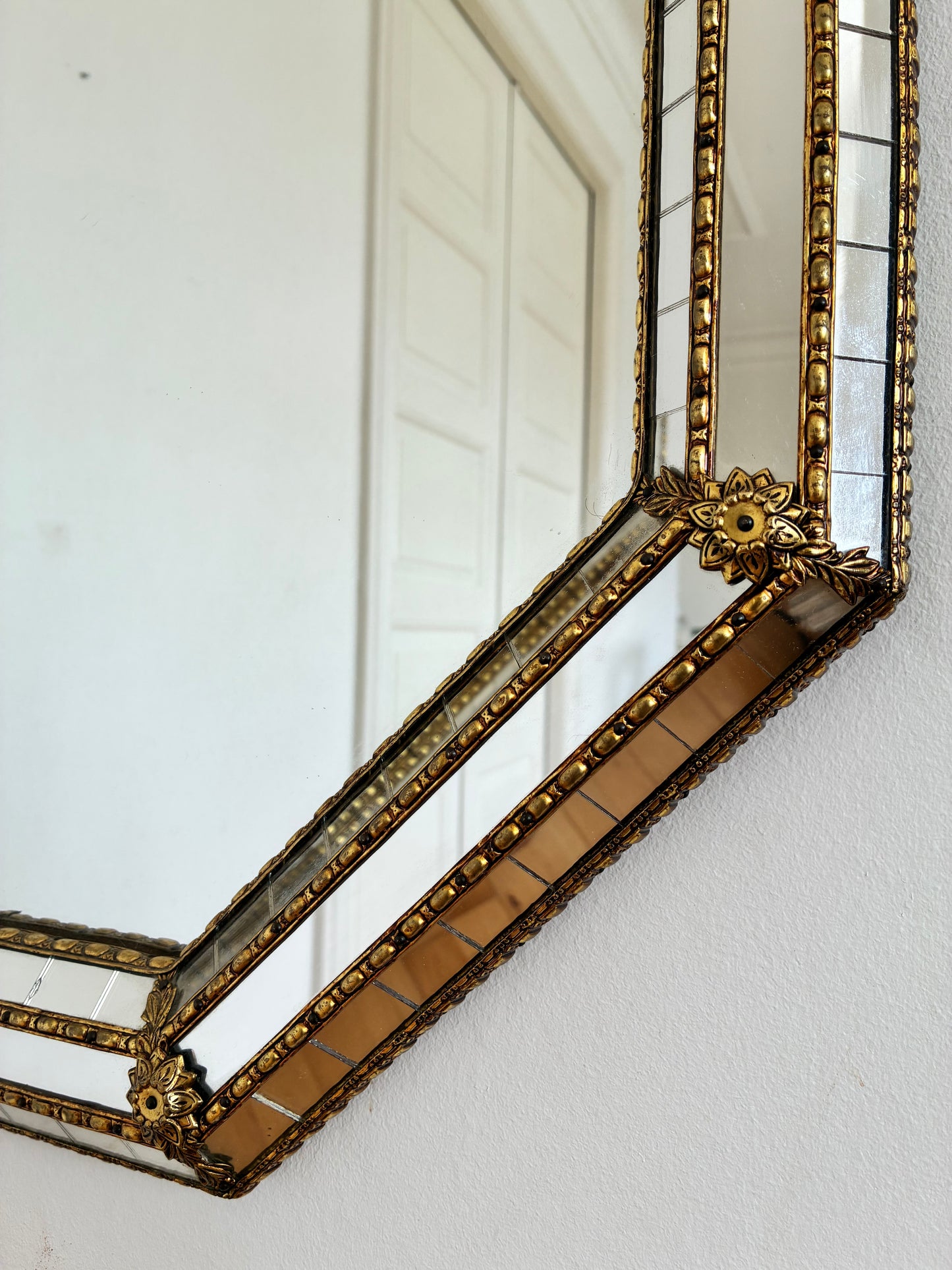 Vintage Spanish Venetian-Style Wall Mirror, Octagonal Brass, 1980s Hollywood Regency
