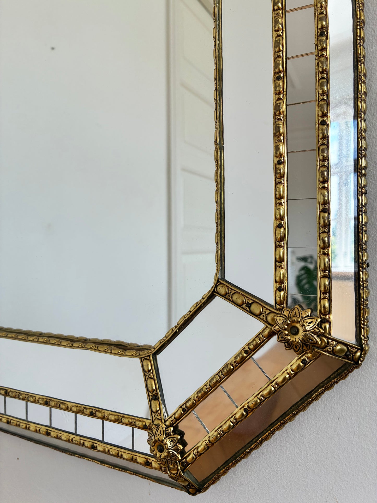 Vintage Spanish Venetian-Style Wall Mirror, Octagonal Brass, 1980s Hollywood Regency