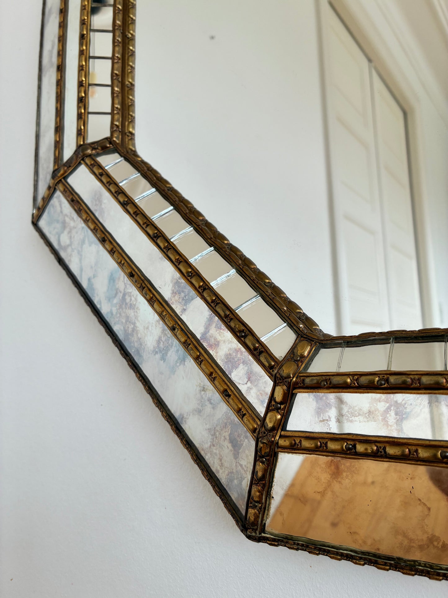 Vintage Spanish Venetian-Style Wall Mirror, Octagonal Brass, 1980s Hollywood Regency