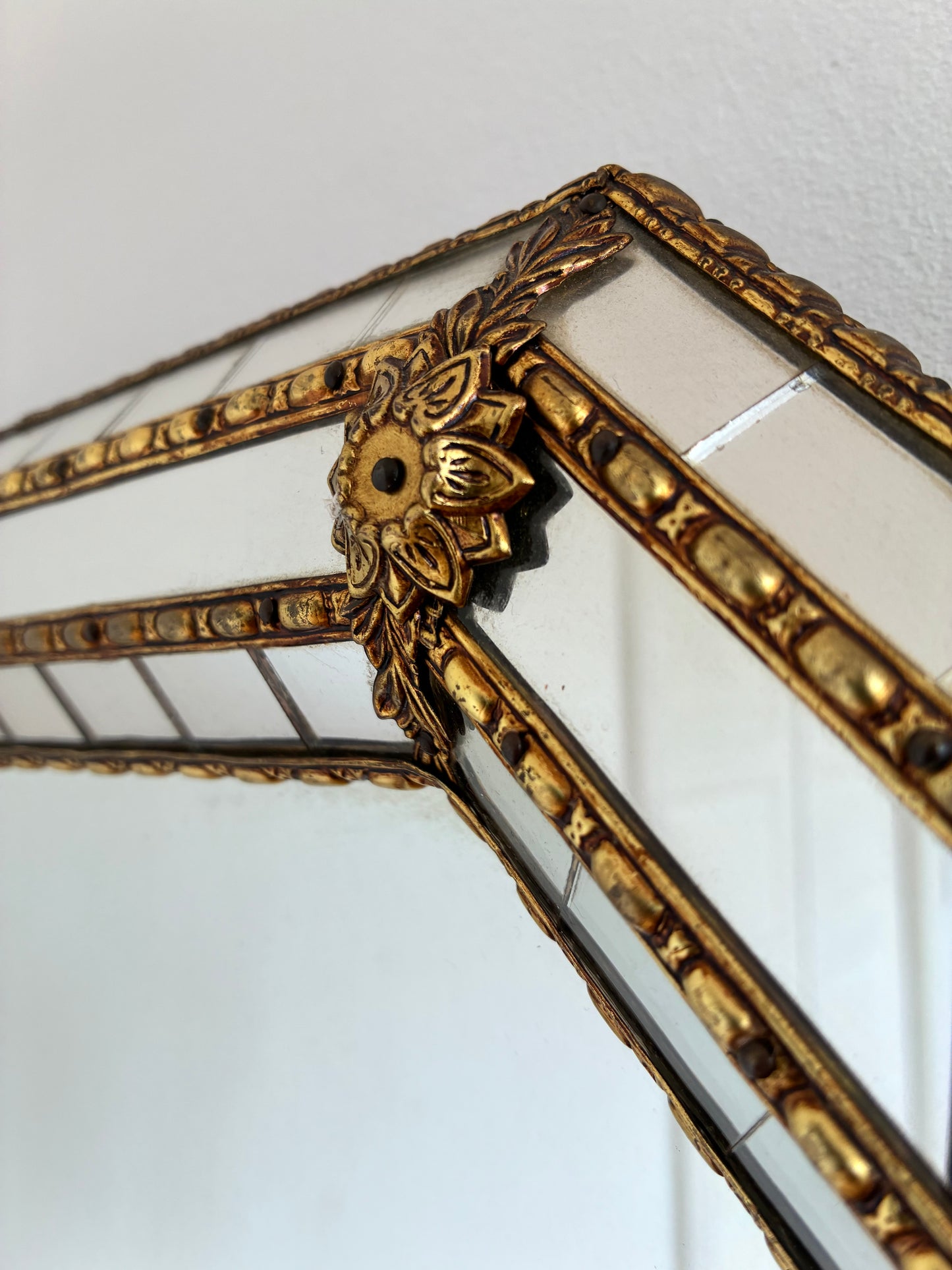 Vintage Spanish Venetian-Style Wall Mirror, Octagonal Brass, 1980s Hollywood Regency