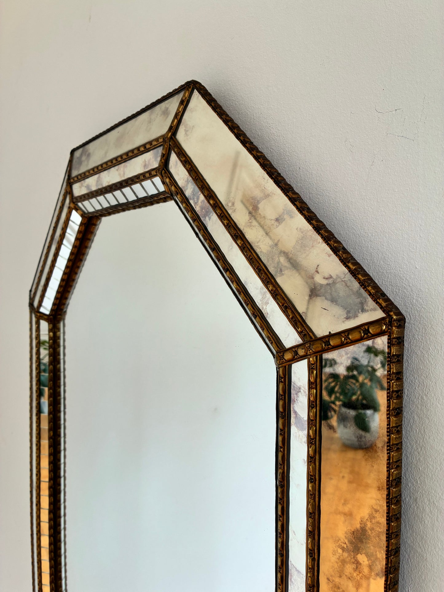 Vintage Spanish Venetian-Style Wall Mirror, Octagonal Brass, 1980s Hollywood Regency