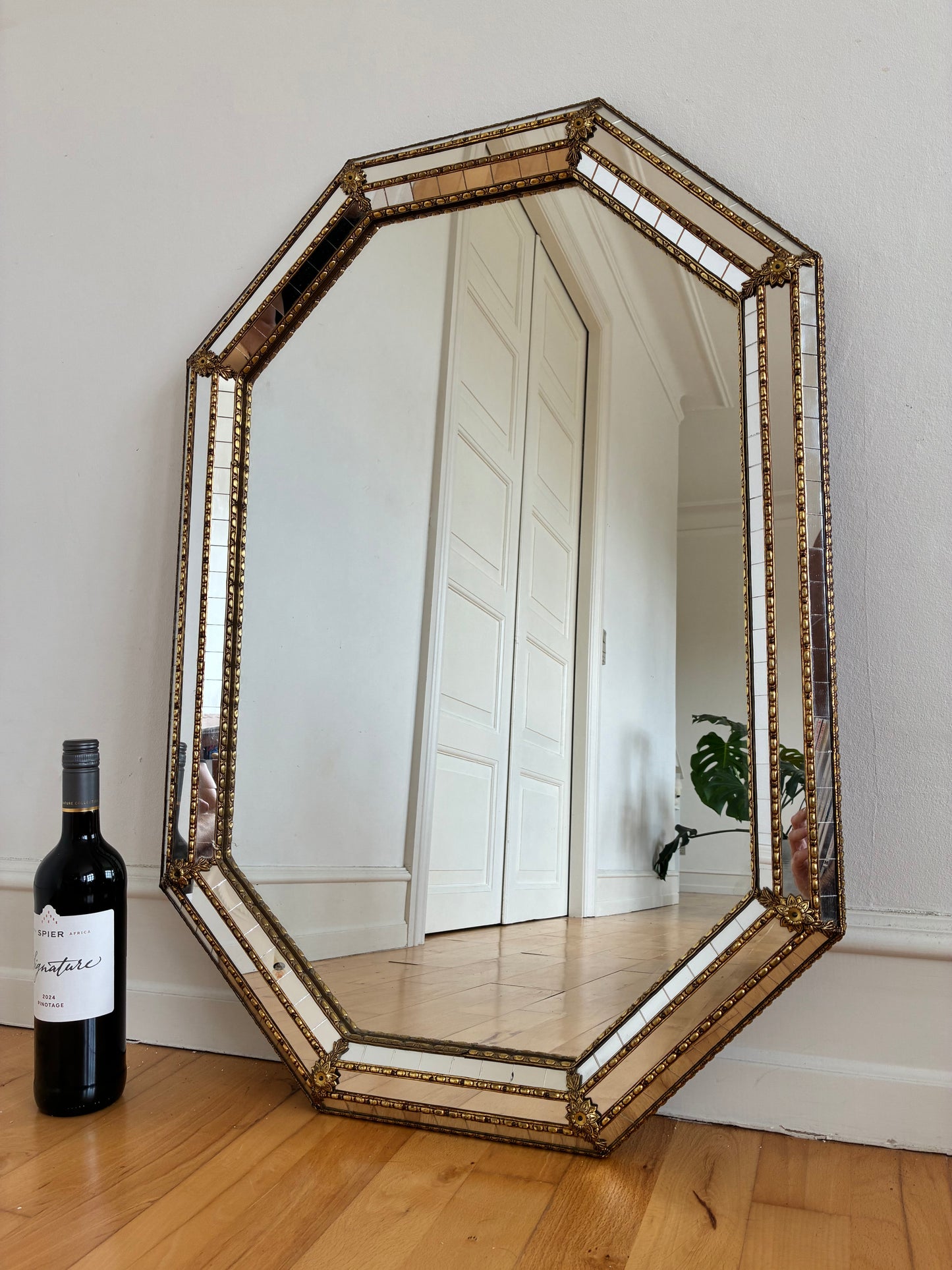 Vintage Spanish Venetian-Style Wall Mirror, Octagonal Brass, 1980s Hollywood Regency