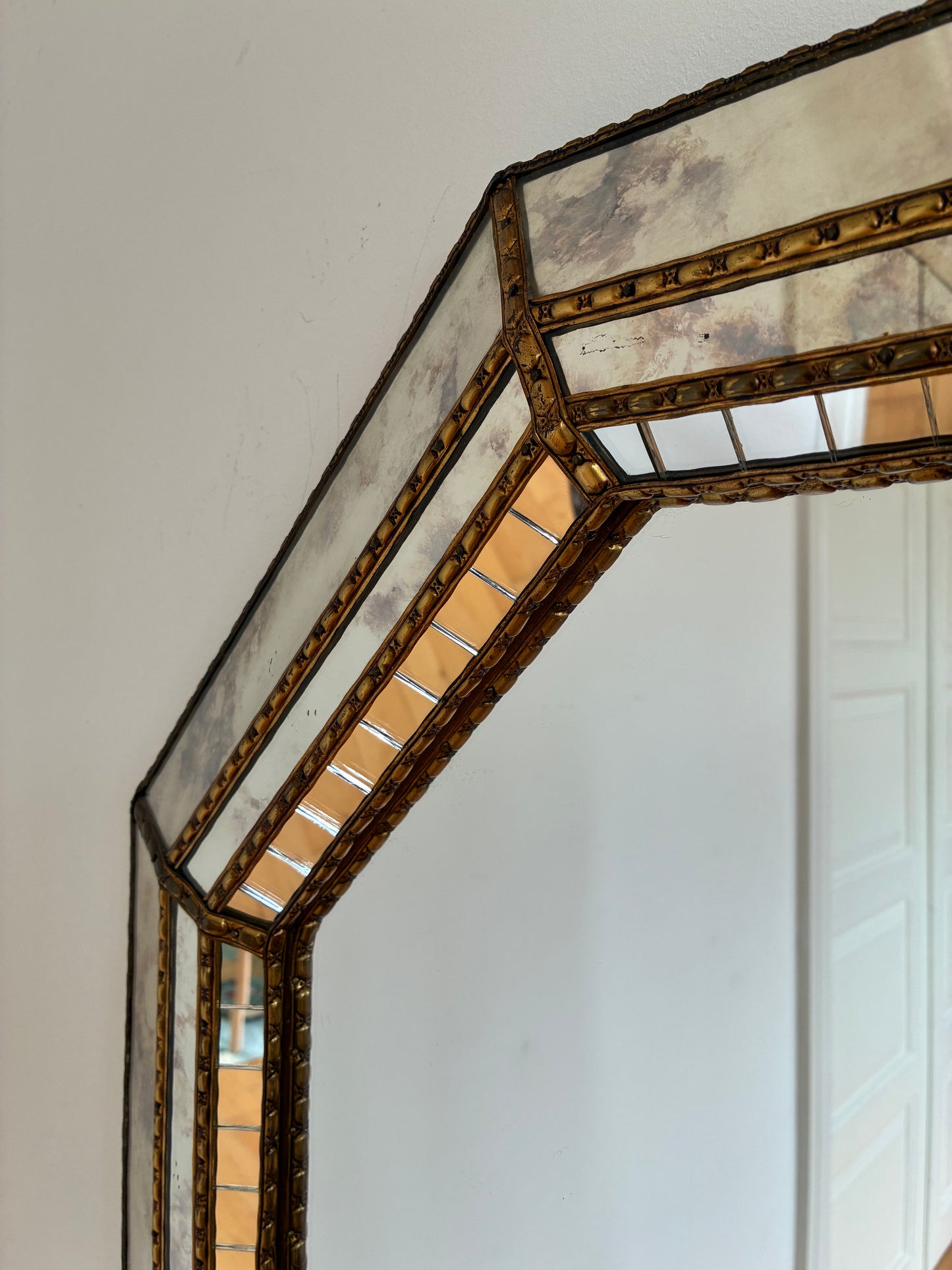 Vintage Spanish Venetian-Style Wall Mirror, Octagonal Brass, 1980s Hollywood Regency
