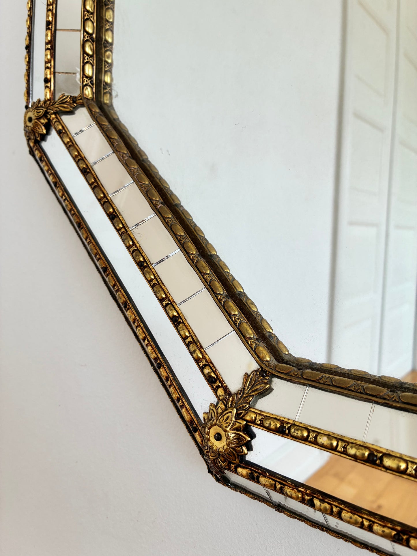 Vintage Spanish Venetian-Style Wall Mirror, Octagonal Brass, 1980s Hollywood Regency