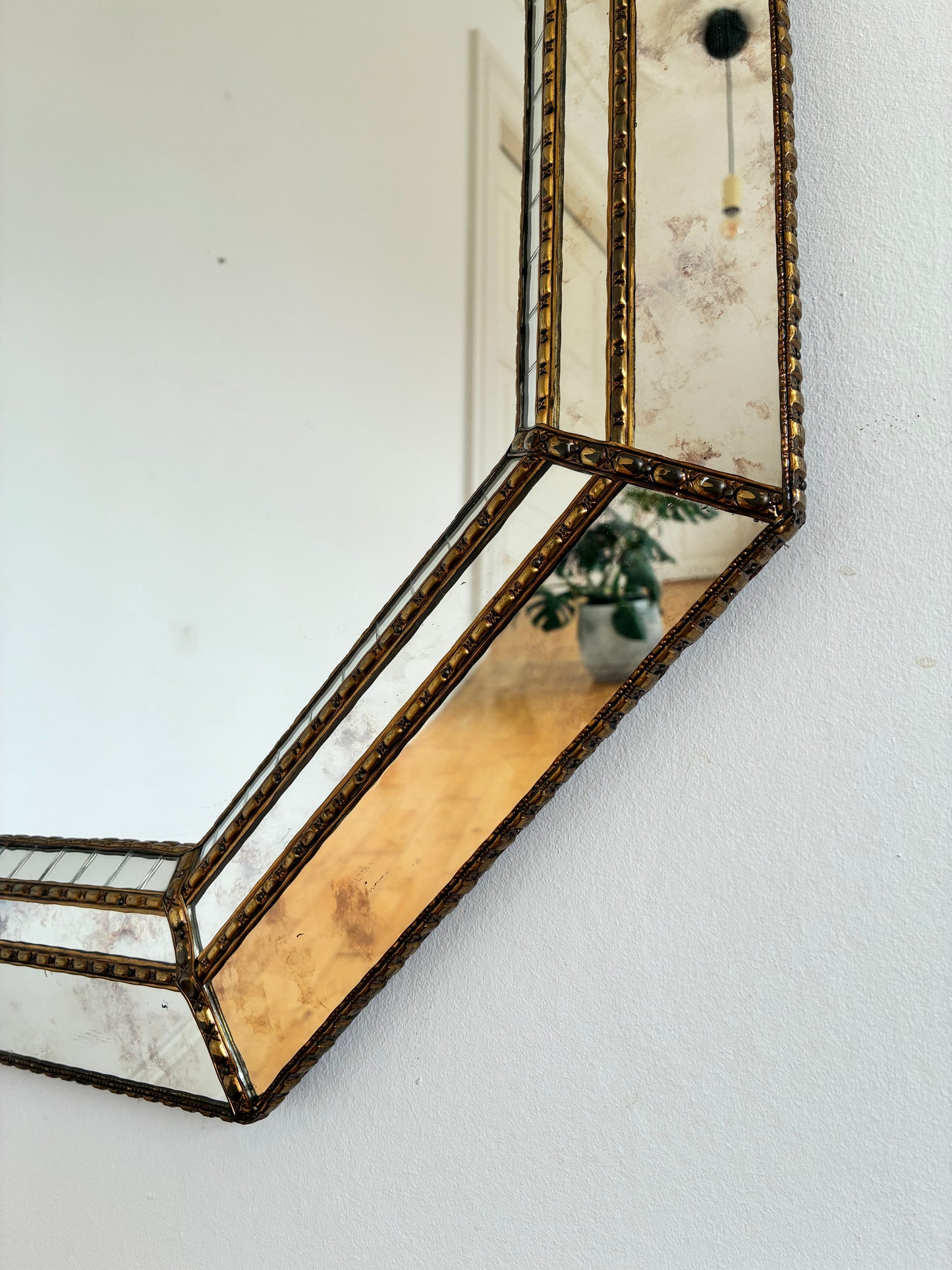 Vintage Spanish Venetian-Style Wall Mirror, Octagonal Brass, 1980s Hollywood Regency