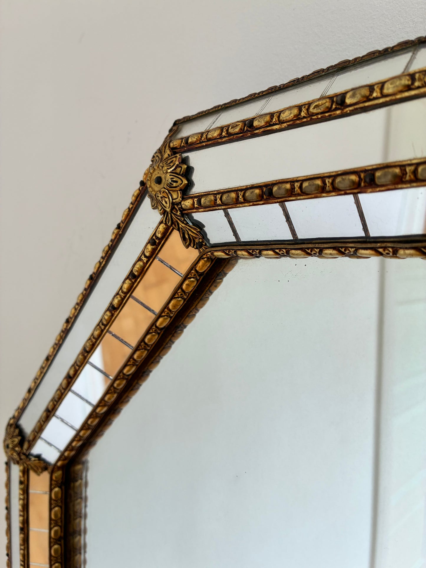 Vintage Spanish Venetian-Style Wall Mirror, Octagonal Brass, 1980s Hollywood Regency