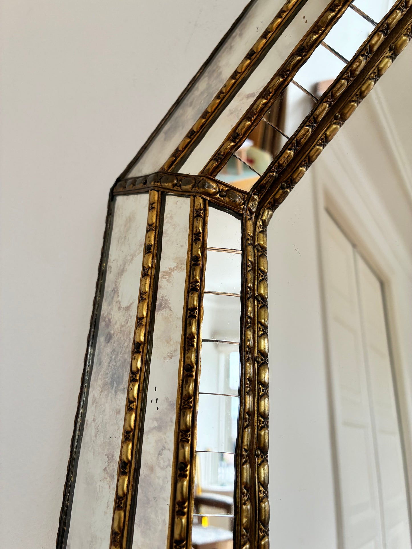 Vintage Spanish Venetian-Style Wall Mirror, Octagonal Brass, 1980s Hollywood Regency