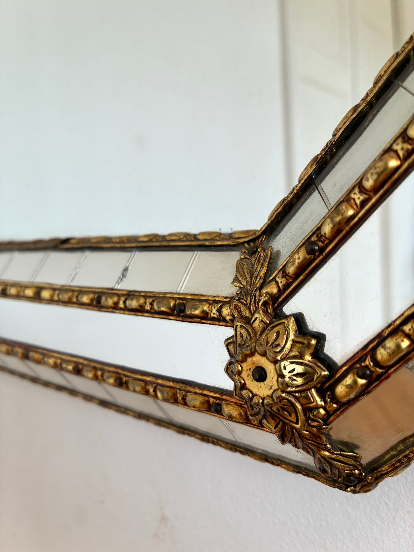 Vintage Spanish Venetian-Style Wall Mirror, Octagonal Brass, 1980s Hollywood Regency