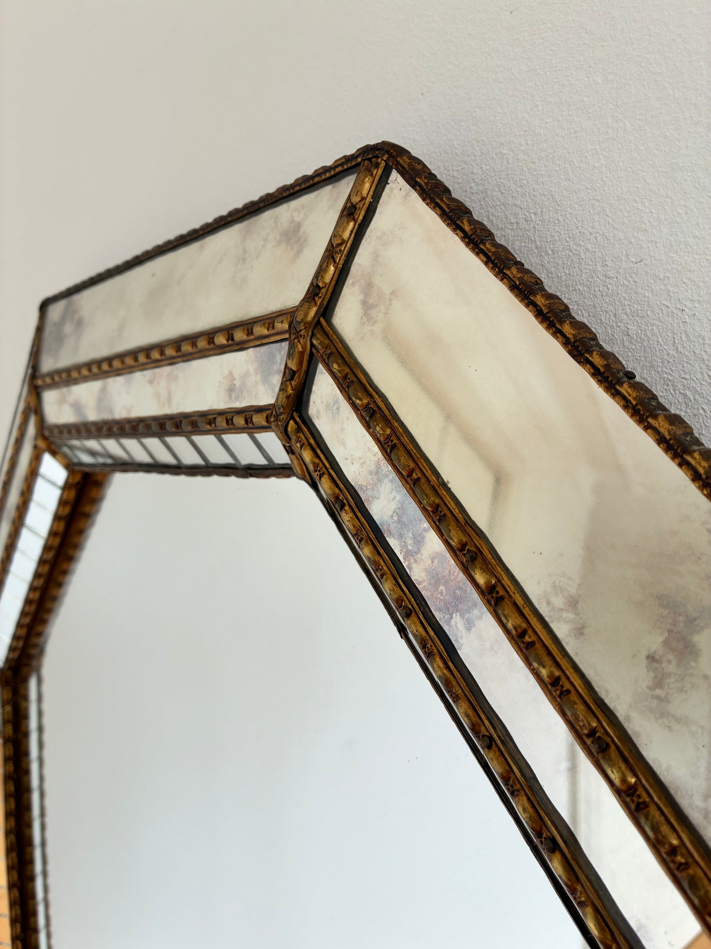 Vintage Spanish Venetian-Style Wall Mirror, Octagonal Brass, 1980s Hollywood Regency
