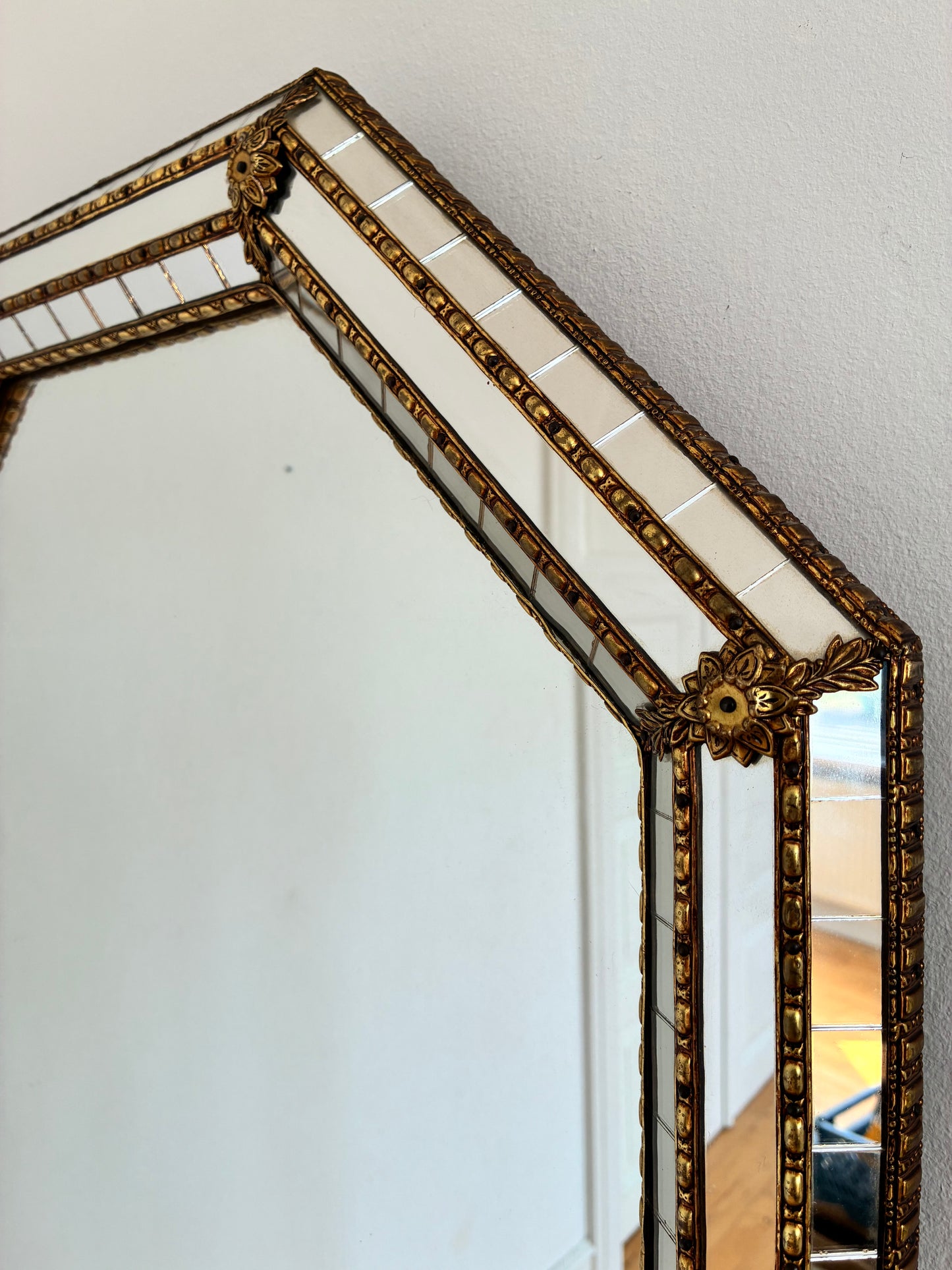 Vintage Spanish Venetian-Style Wall Mirror, Octagonal Brass, 1980s Hollywood Regency