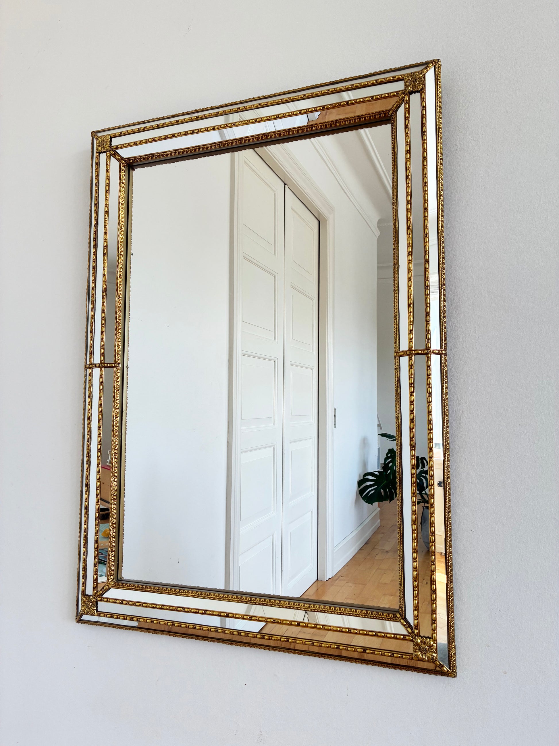 Vintage Spanish Venetian-Style Wall Mirror, Rectangular, Brass, 1980s Hollywood Regency