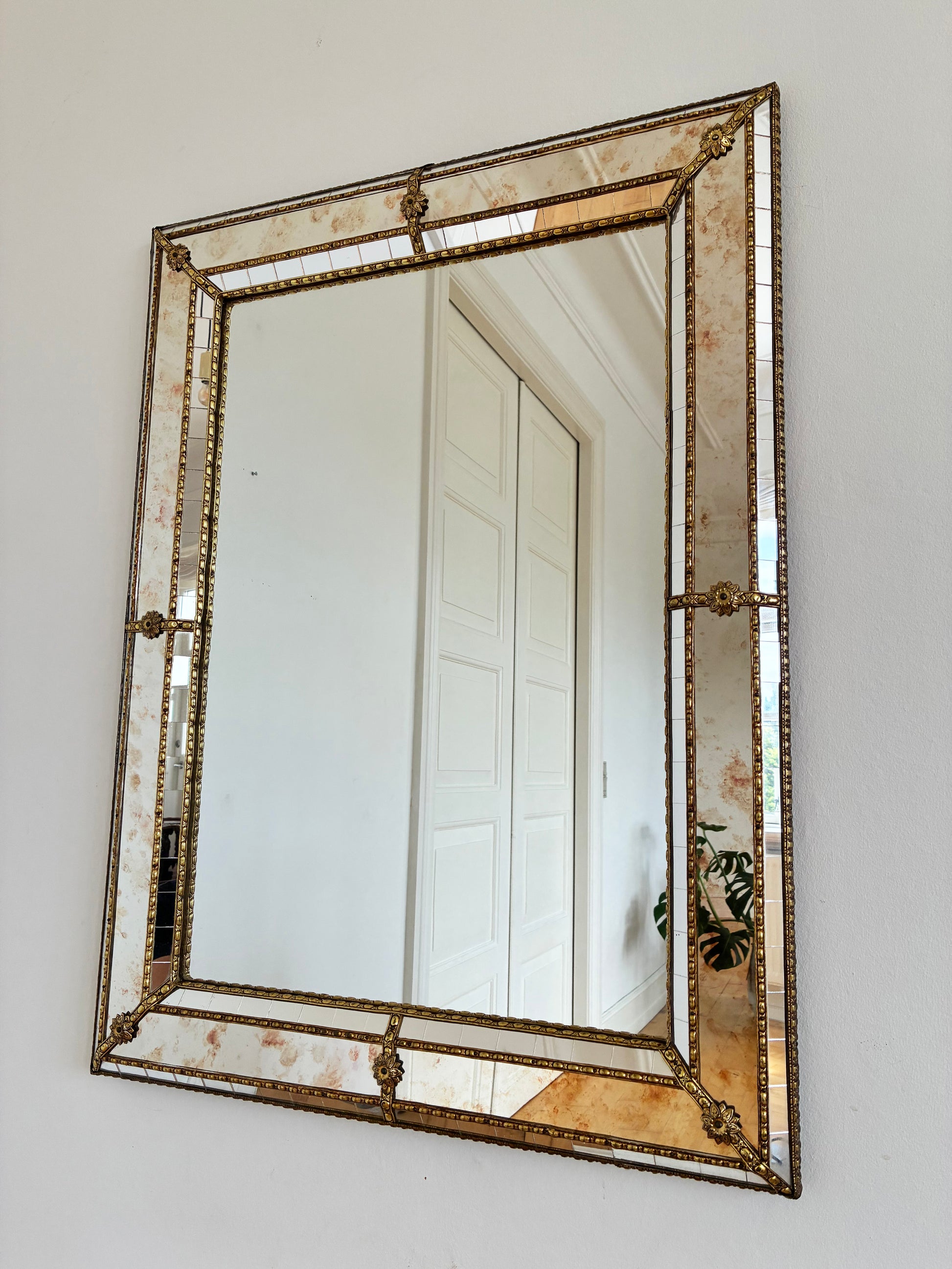 Vintage Spanish Venetian-Style Wall Mirror, Rectangular, Brass, 1980s Hollywood Regency