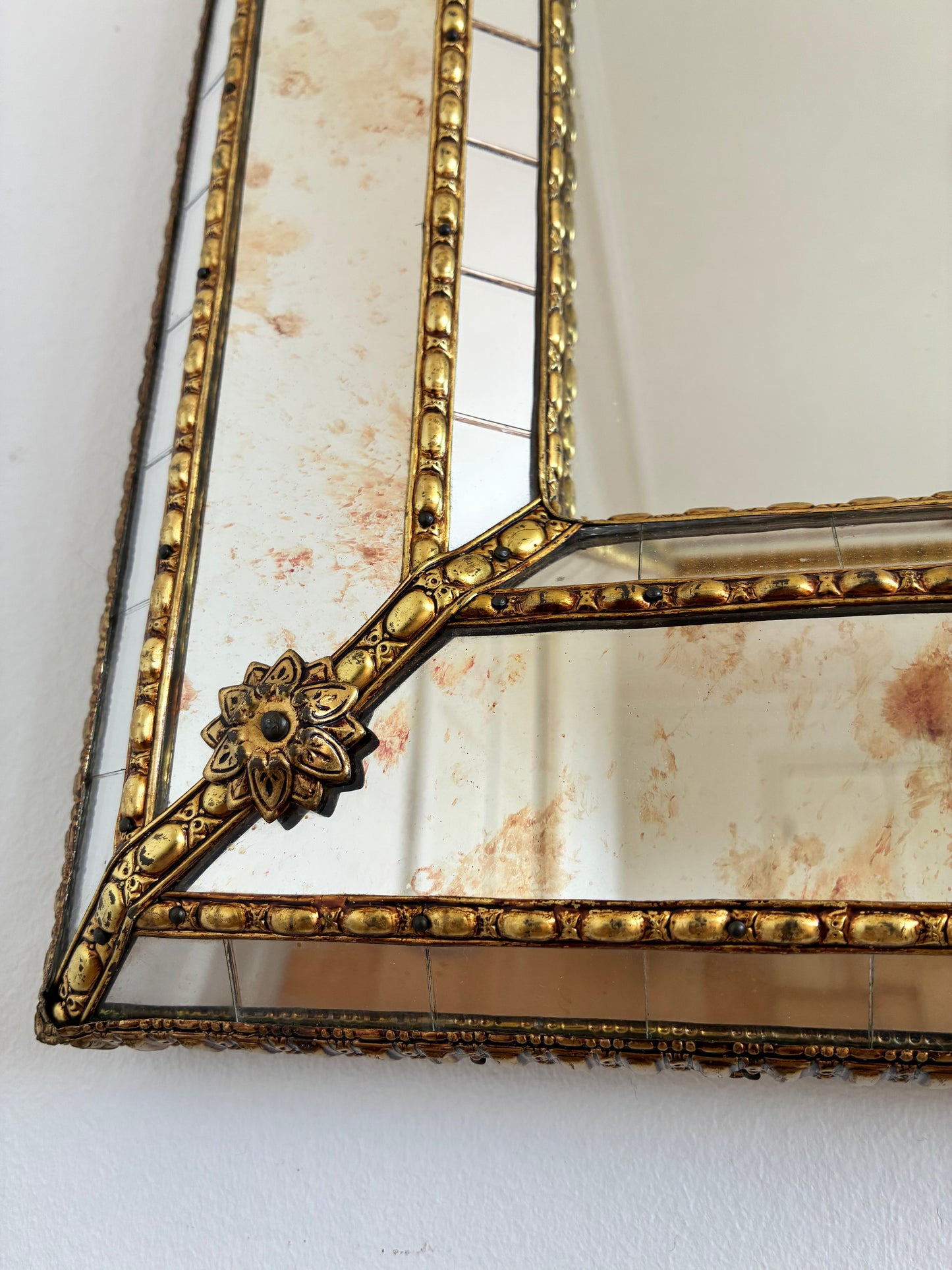 Vintage Spanish Venetian-Style Wall Mirror, Rectangular, Brass, 1980s Hollywood Regency