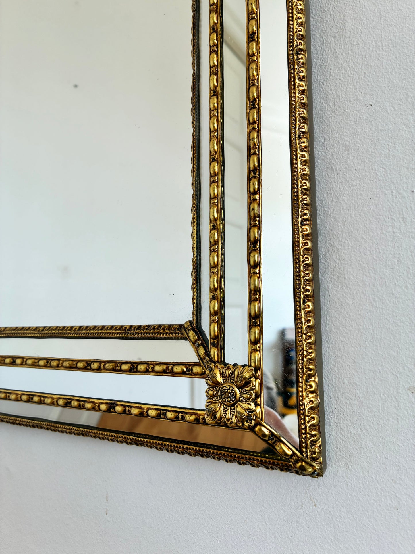 Vintage Spanish Venetian-Style Wall Mirror, Rectangular, Brass, 1980s Hollywood Regency