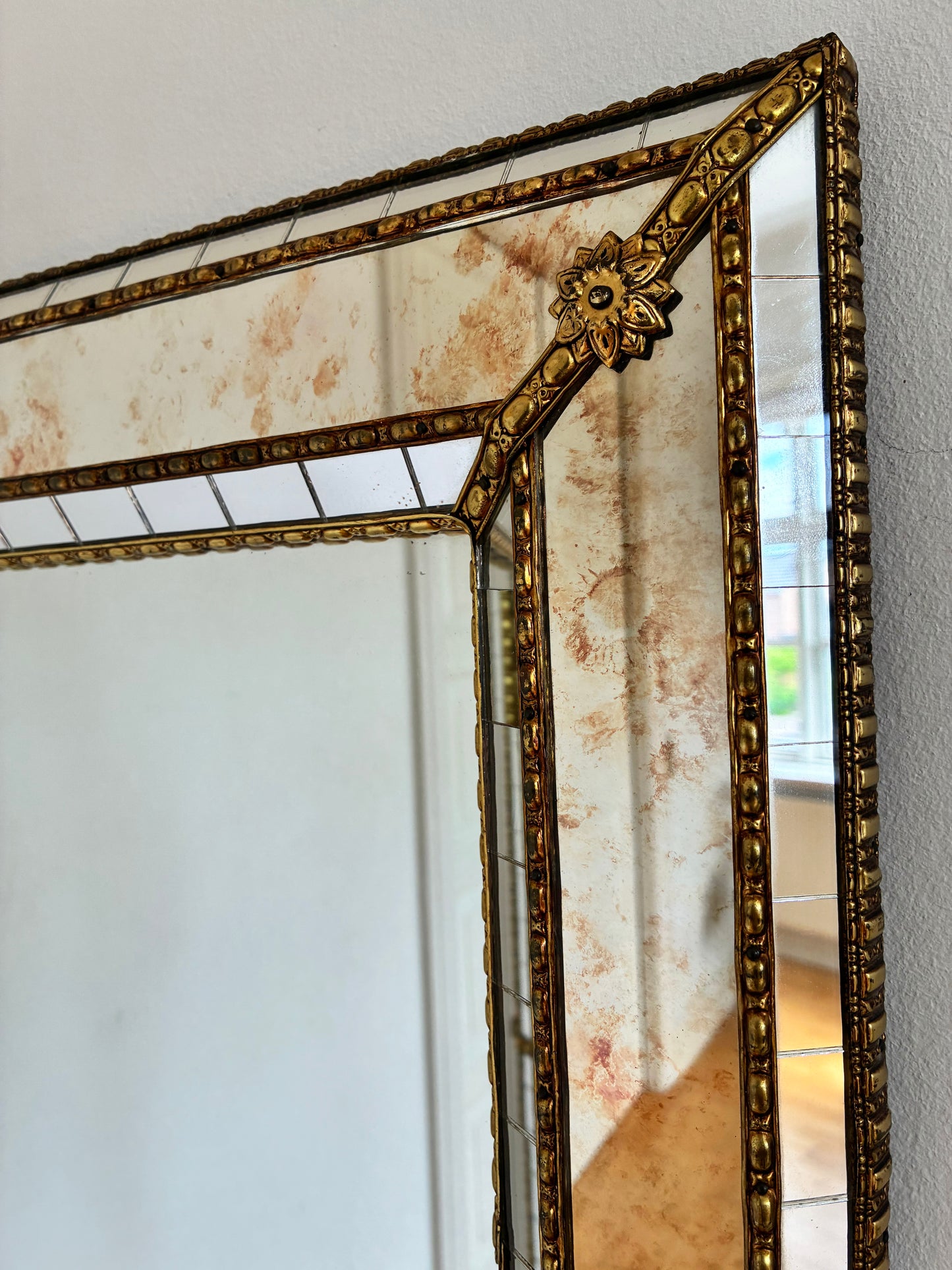 Vintage Spanish Venetian-Style Wall Mirror, Rectangular, Brass, 1980s Hollywood Regency