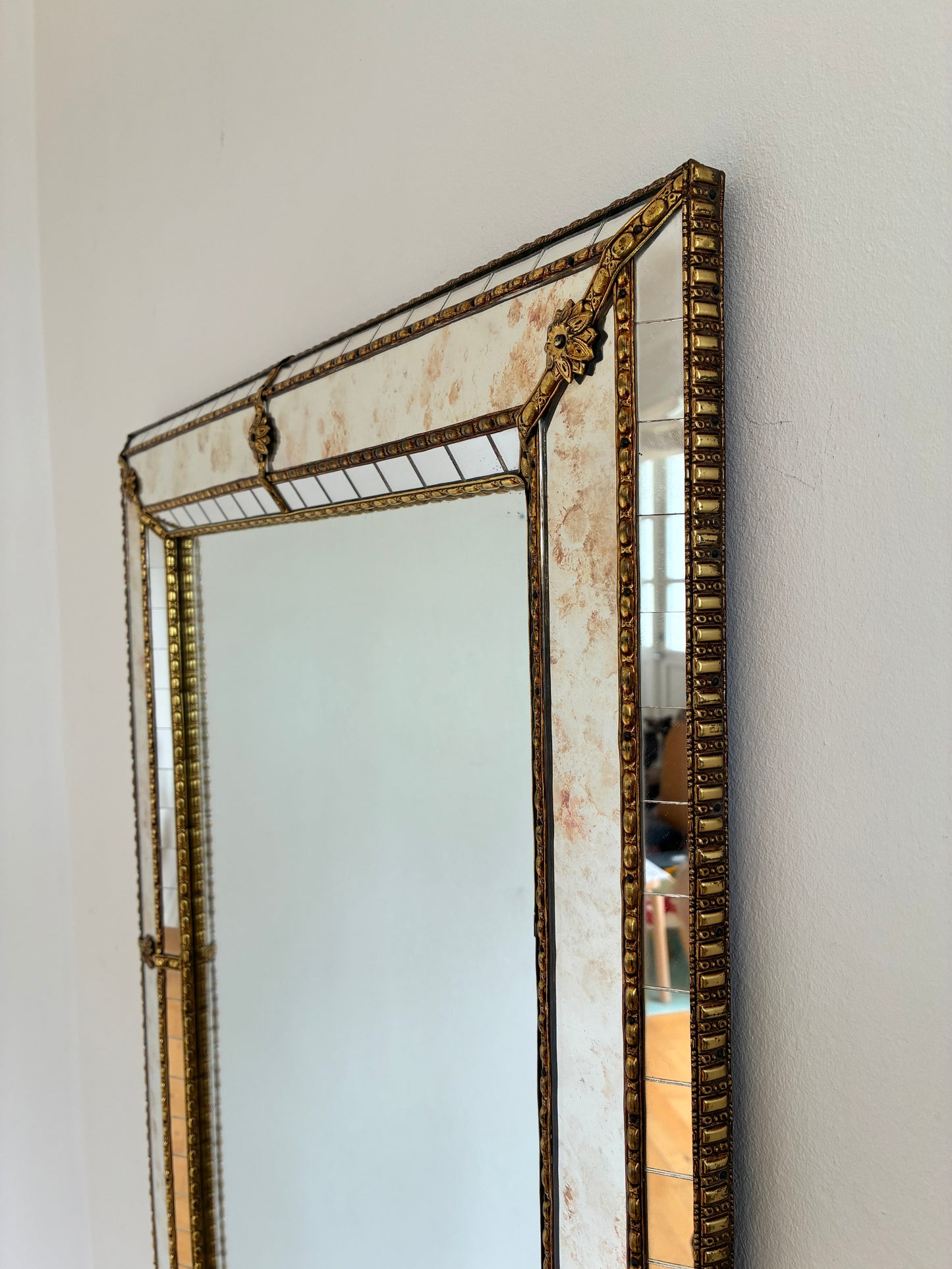 Vintage Spanish Venetian-Style Wall Mirror, Rectangular, Brass, 1980s Hollywood Regency