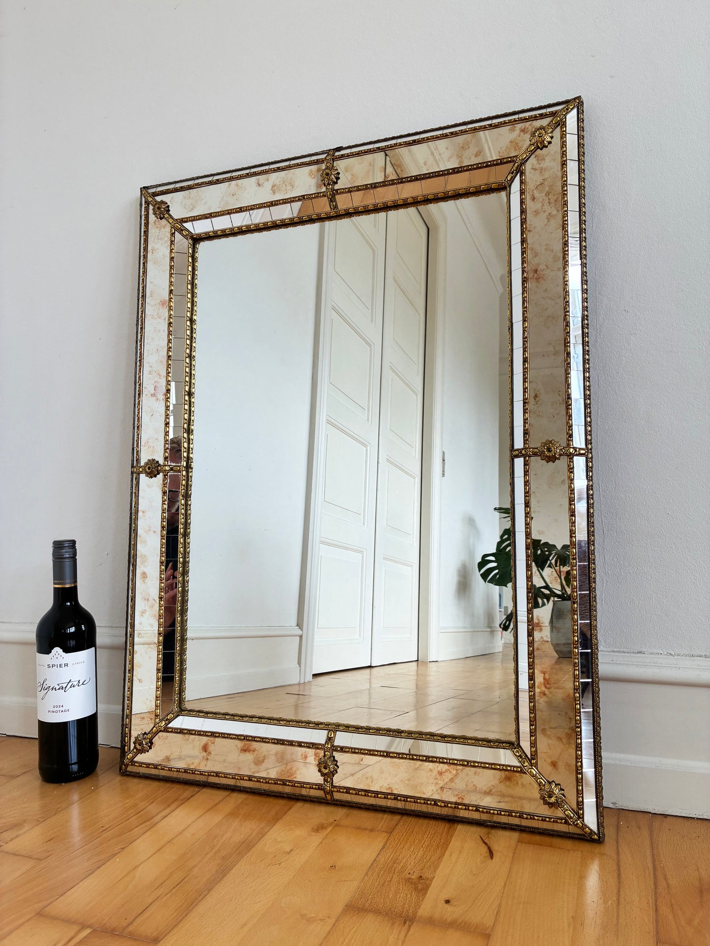 Vintage Spanish Venetian-Style Wall Mirror, Rectangular, Brass, 1980s Hollywood Regency