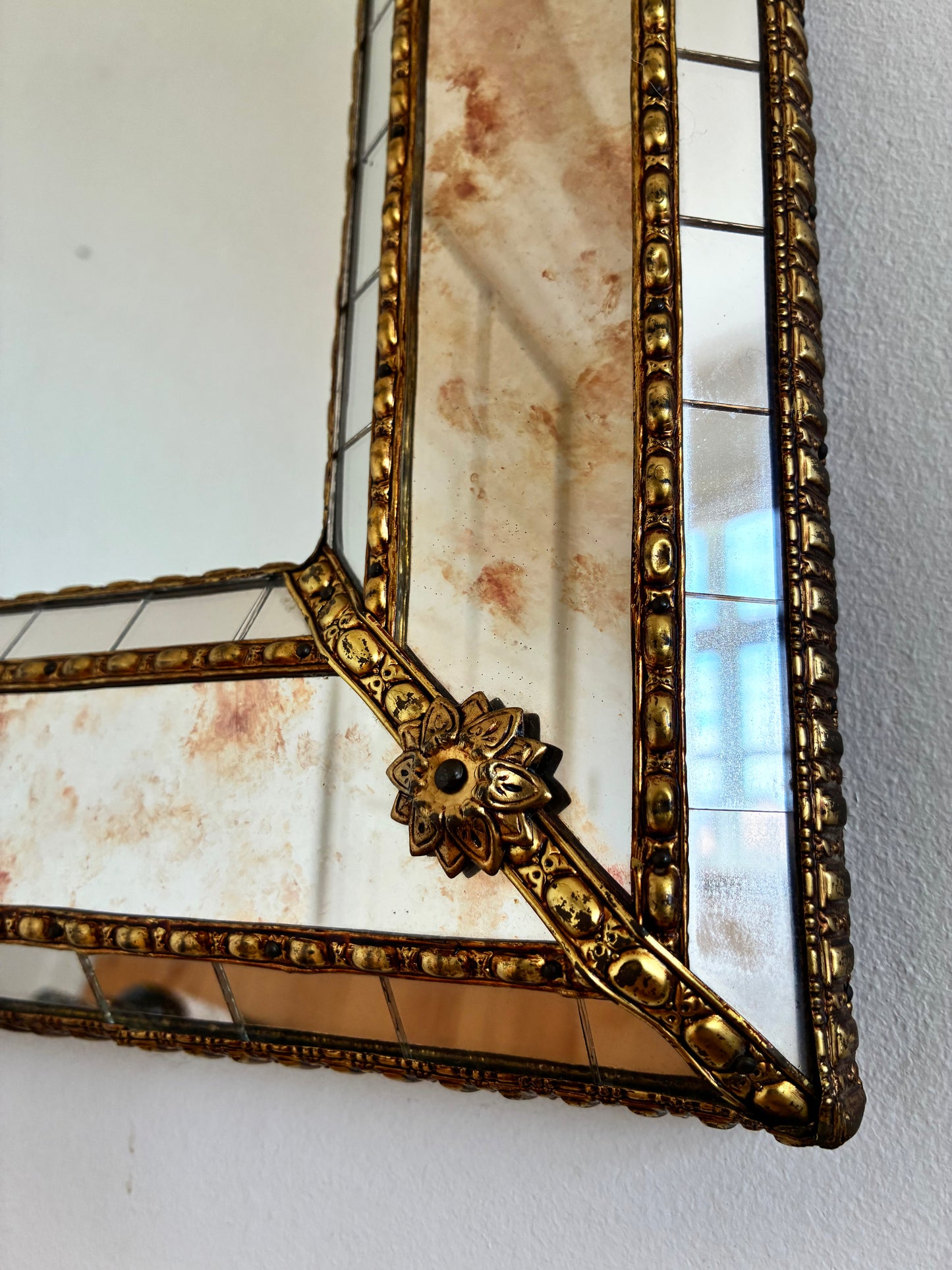Vintage Spanish Venetian-Style Wall Mirror, Rectangular, Brass, 1980s Hollywood Regency